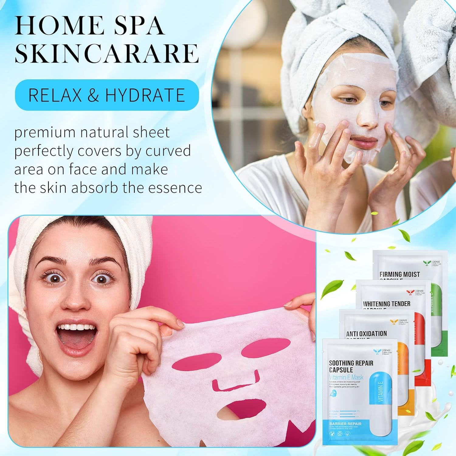 24 Pcs Hydrating Soothing Sheet Masks Collagen Essence Face Masks Skincare Gift Moisturizing Bulk Facial Mask for Women Girls Most Skin Types Teen Home Spa Travel