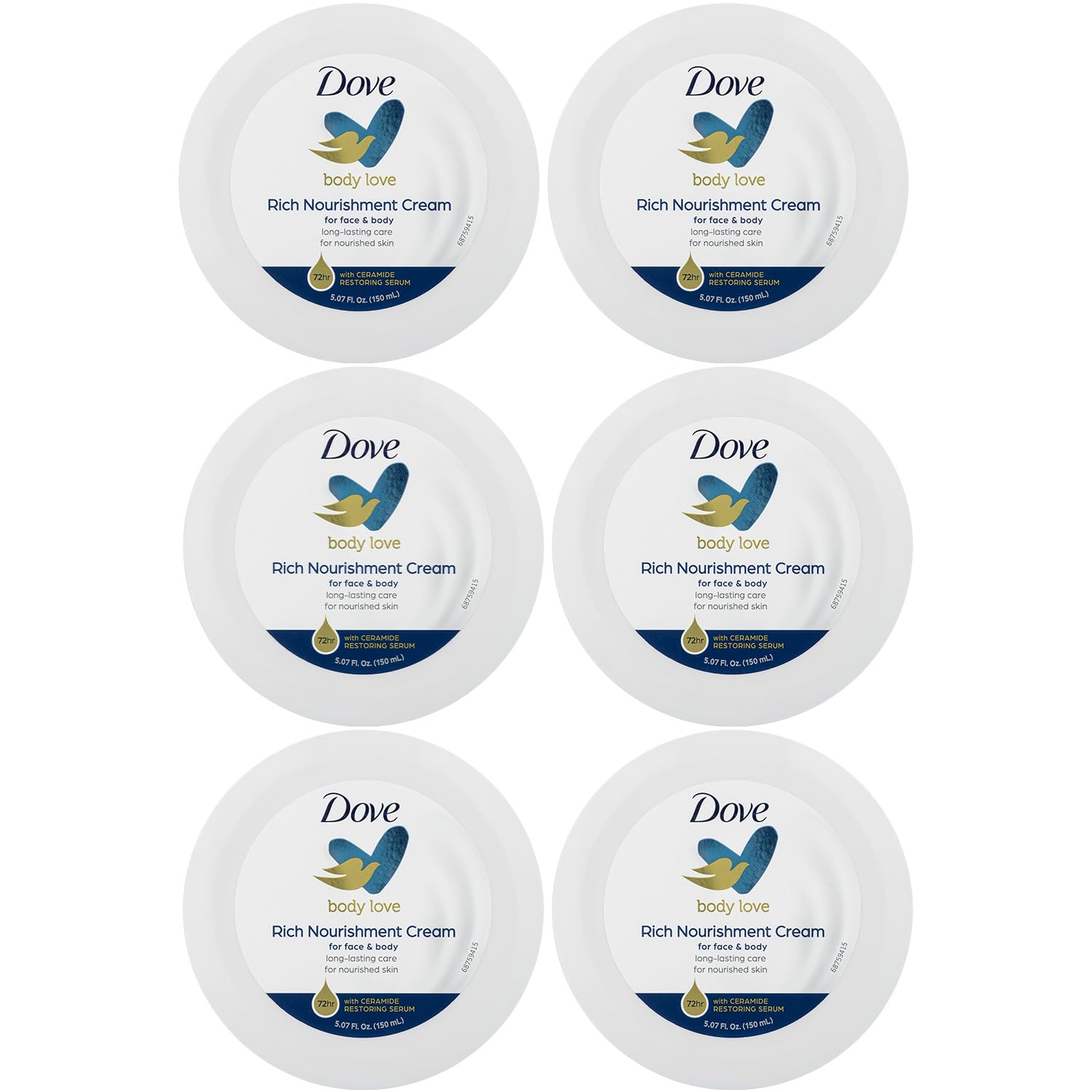 Dove Nourishing Body Care, Face, Hand, and Body Rich Nourishment Cream for Extra Dry Skin with 48-Hour Moisturization, 4-Pack, 2.53 Oz Each Jar