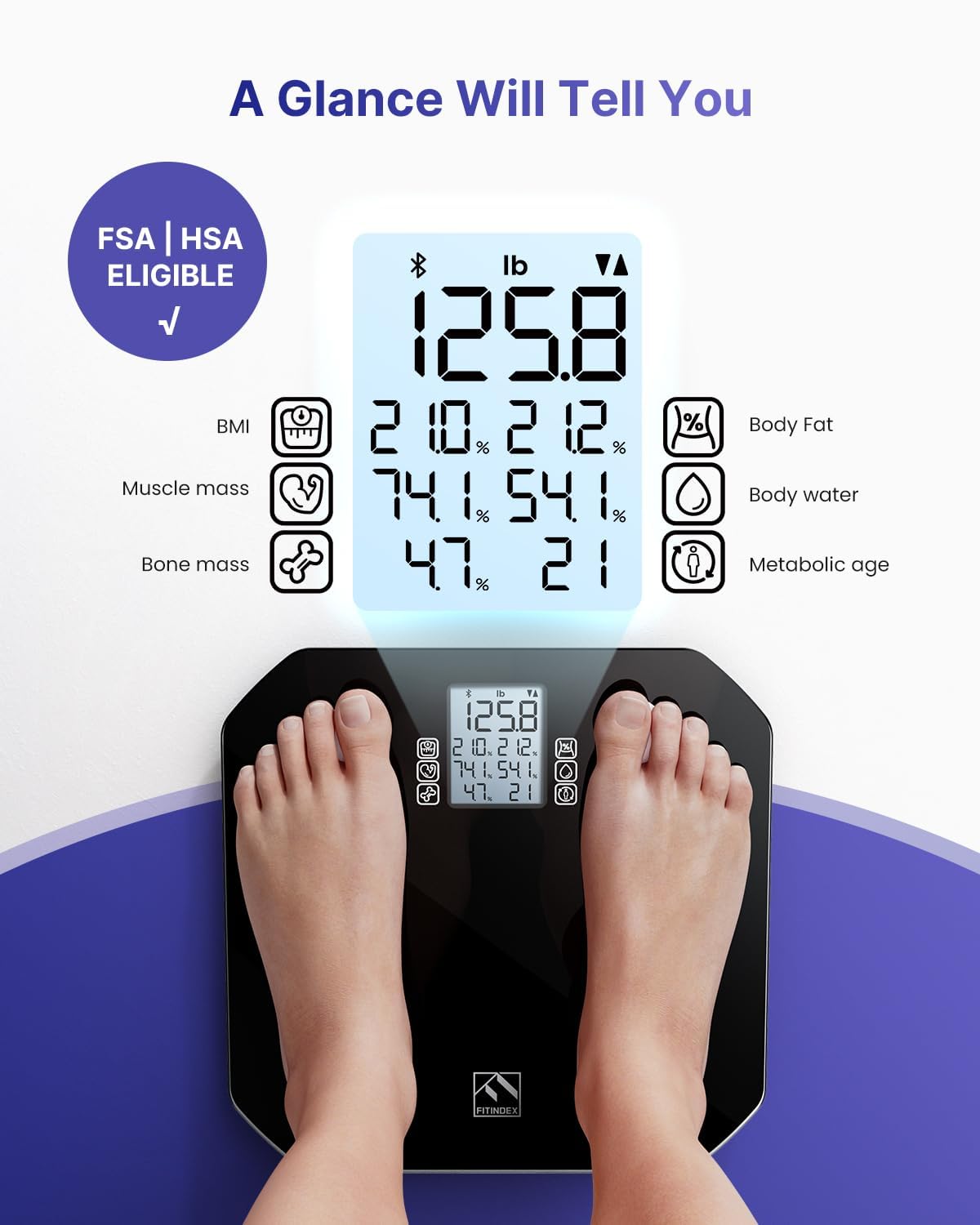 FITINDEX Smart Scale for Body Weight, FSA HSA Eligible Digital Bathroom Scale with BMI, Body Fat, Muscle Mass, 13 Body Composition, Bluetooth Scale, 400lb - White