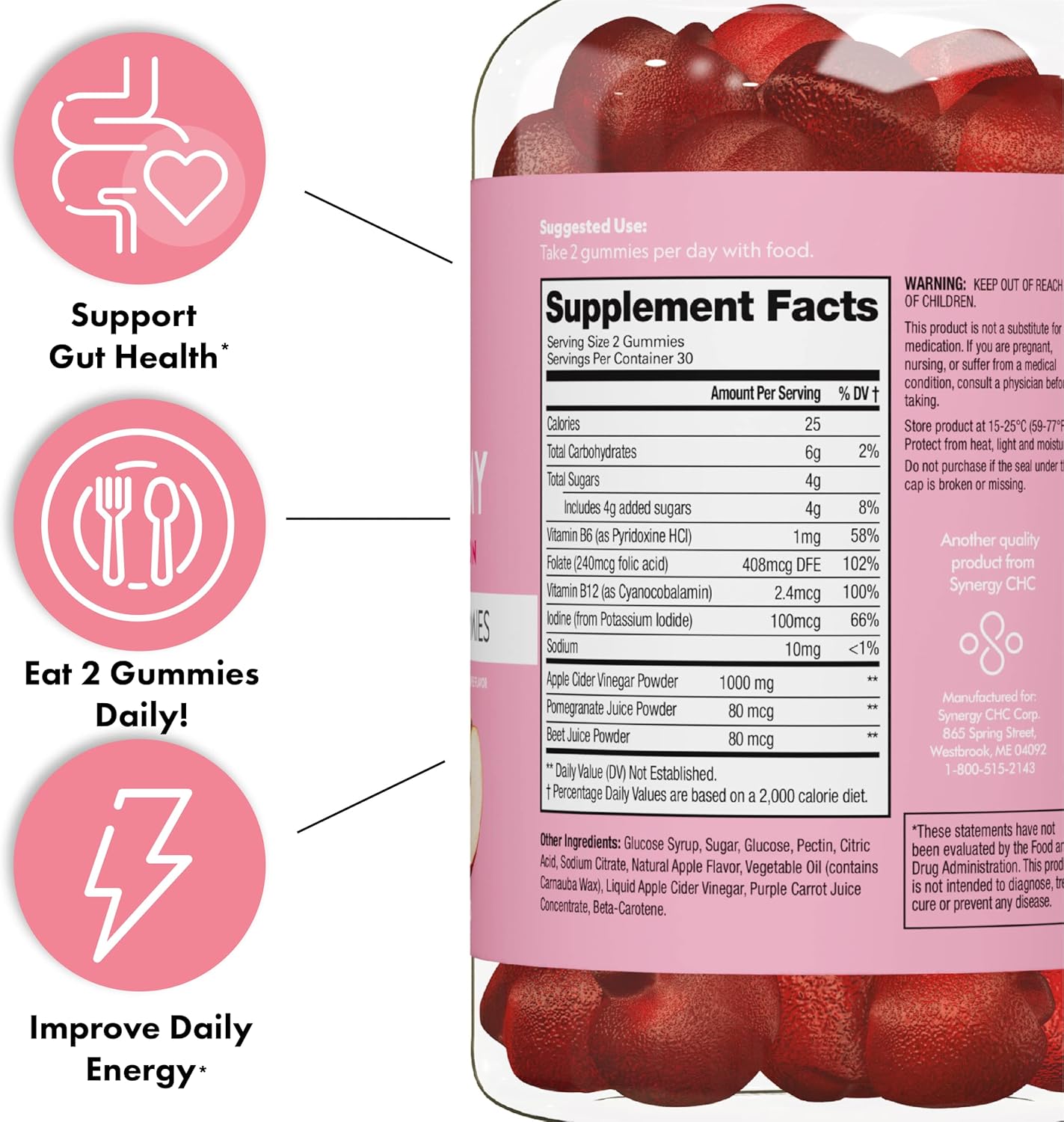 Flat Tummy Apple Cider Vinegar Gummies, 60 Count – ACV Gummies, Detox, Support Gut Health – Vegan-Friendly, Non-GMO - Beet and Pomegranate Superfood Powders, Vitamins B6, B9  B12