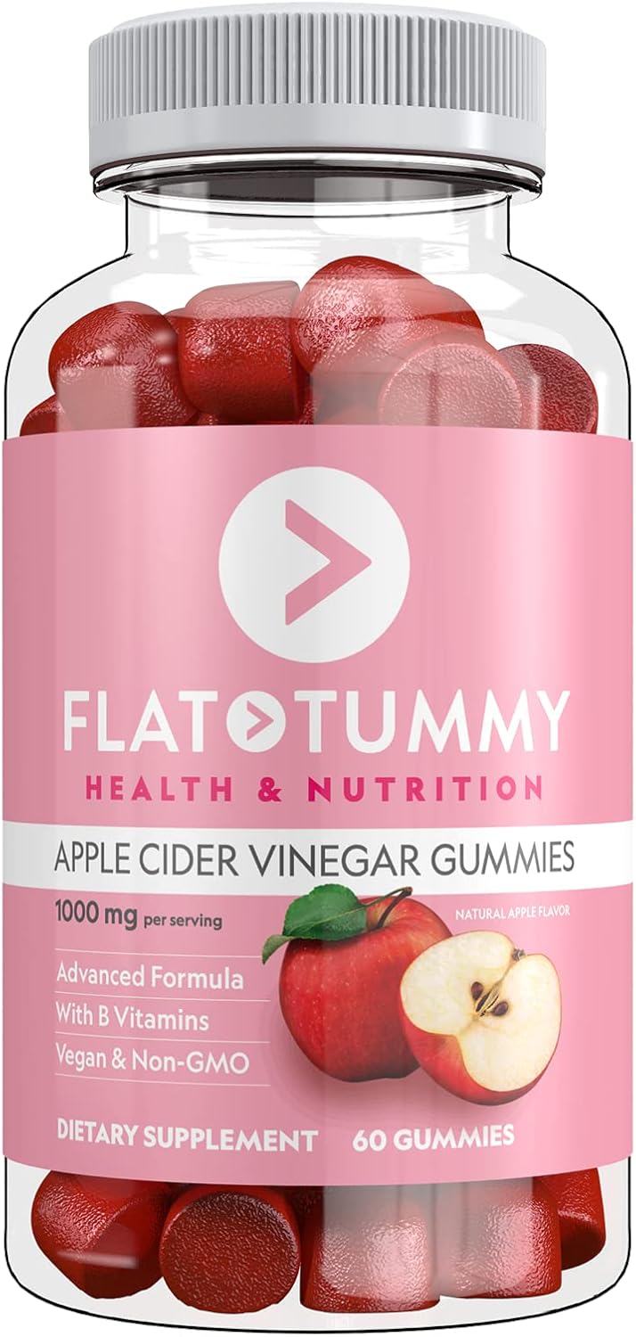 Flat Tummy Apple Cider Vinegar Gummies, 60 Count – ACV Gummies, Detox, Support Gut Health – Vegan-Friendly, Non-GMO - Beet and Pomegranate Superfood Powders, Vitamins B6, B9  B12