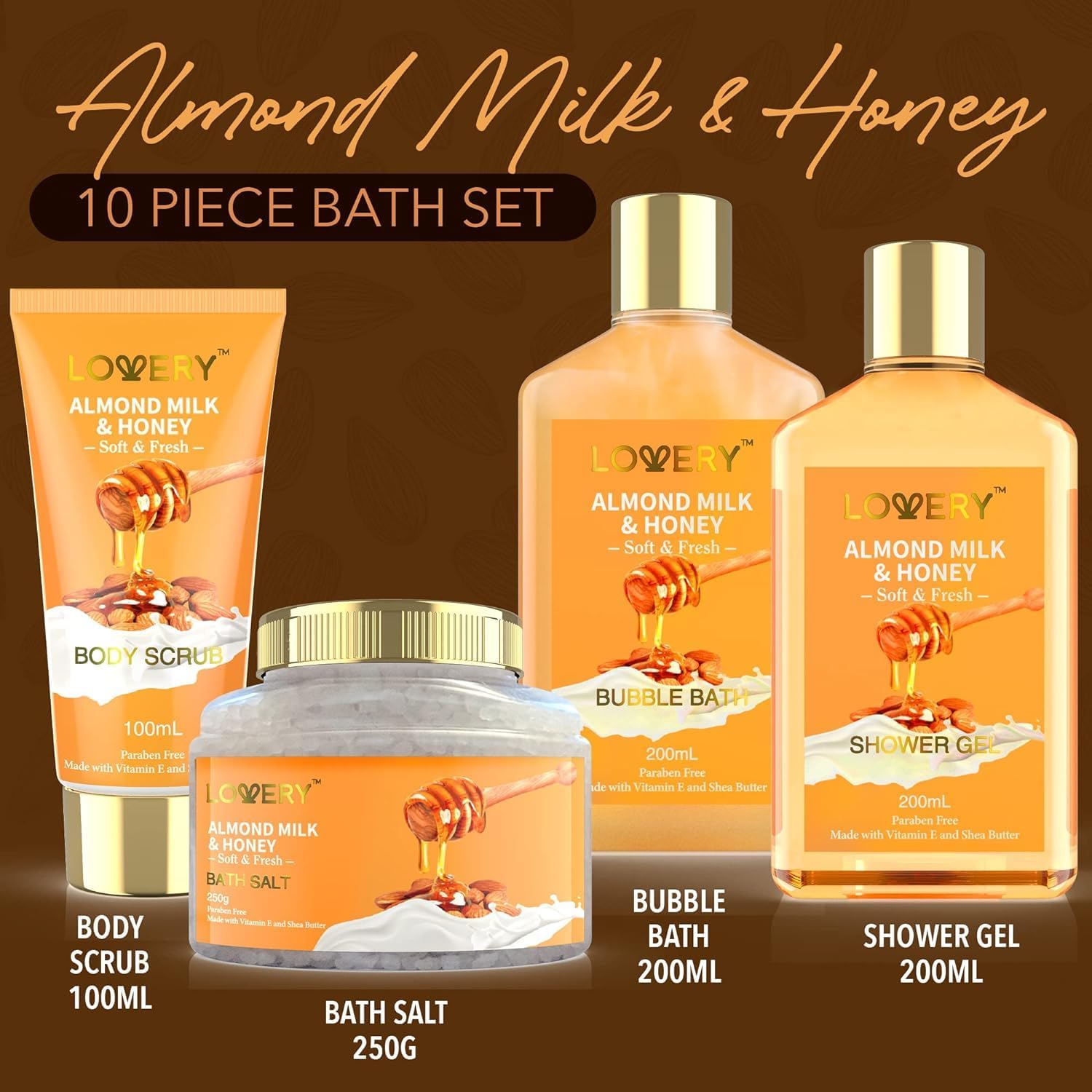 Gift Basket for Women - 10 Pc Almond Milk  Honey Beauty  Personal Care Set - Home Bath Pampering Package for Relaxing - Spa Self Care Kit - Thank You, Birthday, Mom, Anniversary Gift