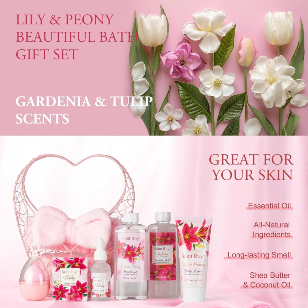 Gift Basket For Women, 8pcs Spa Set of Lily  Peony Home Spa Set, Beauty Personal Care Set Includes Jojoba Essential Oil, Spa Self Care Kit - Bath Body For Thank You, Birthday, Mom, Anniversary Gift