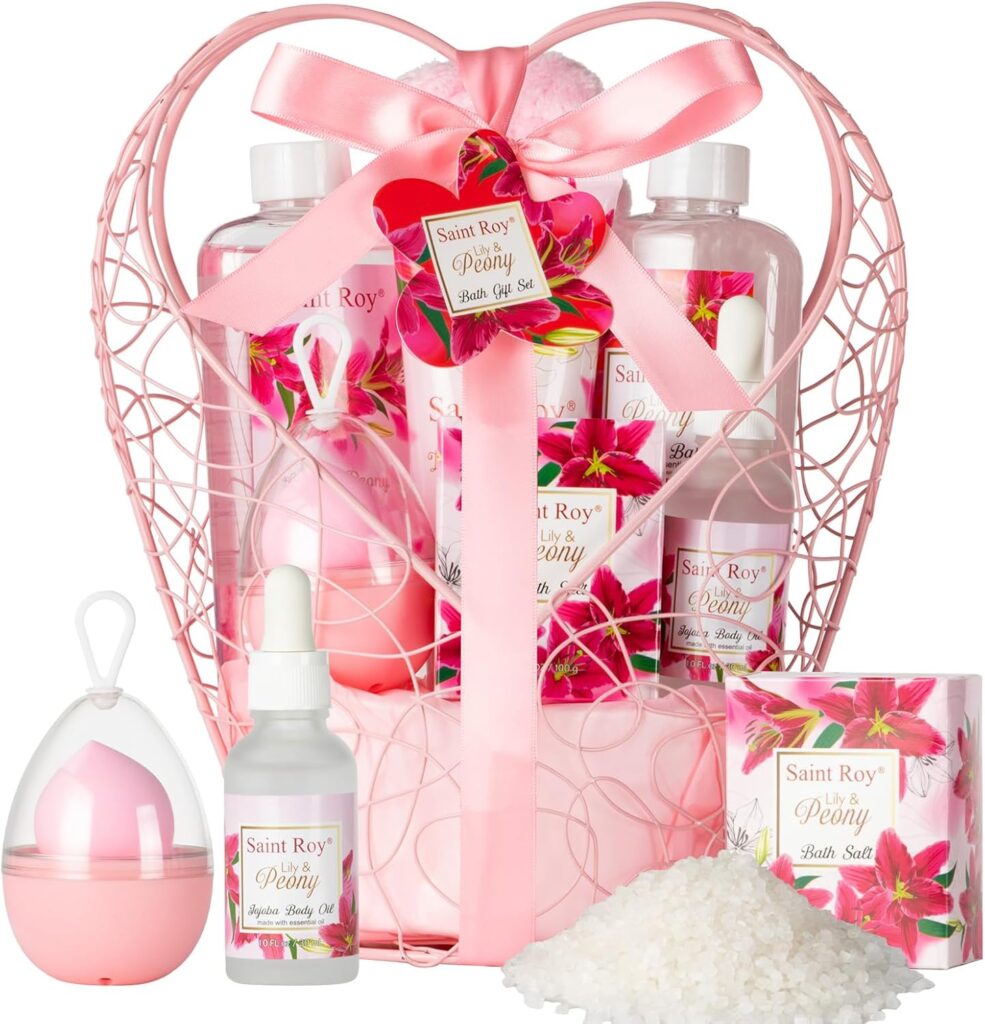 Gift Basket For Women, 8pcs Spa Set of Lily  Peony Home Spa Set, Beauty Personal Care Set Includes Jojoba Essential Oil, Spa Self Care Kit - Bath Body For Thank You, Birthday, Mom, Anniversary Gift