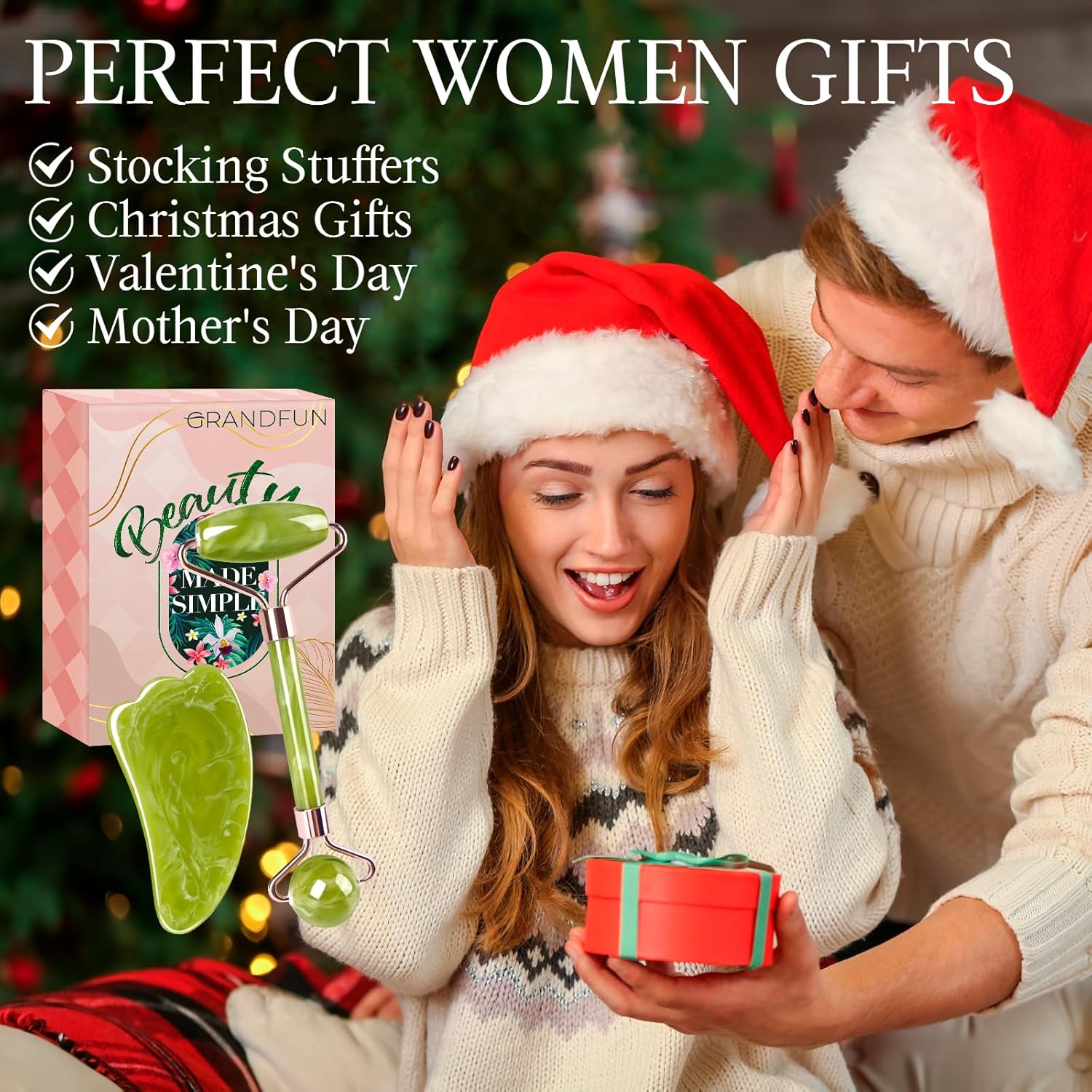 Gifts for Women Christmas Stocking Stuffers: Face Roller Gua Sha Tool Set Unique Birthday Present Ideas Gadget for Wife Mom Her Girls Sister Female Who Have Everything - Facial Skin Beauty Massager