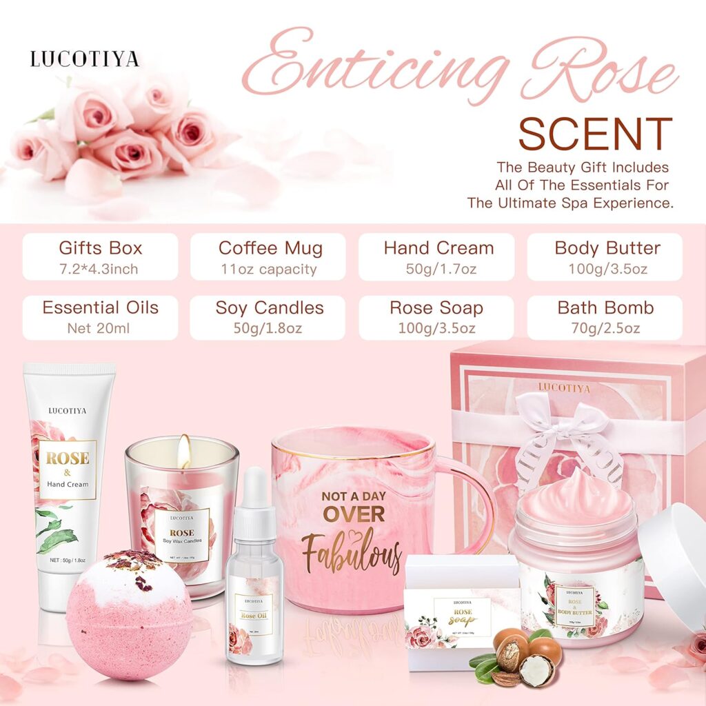 LUCOTIYA Birthday Gifts for Women Best Spa Gifts Baskets Box for Her Wife Mom Best Friend Mother Grandma Bday Bath and Body Kit Sets Self Care Present Beauty Products Package Rose Scent