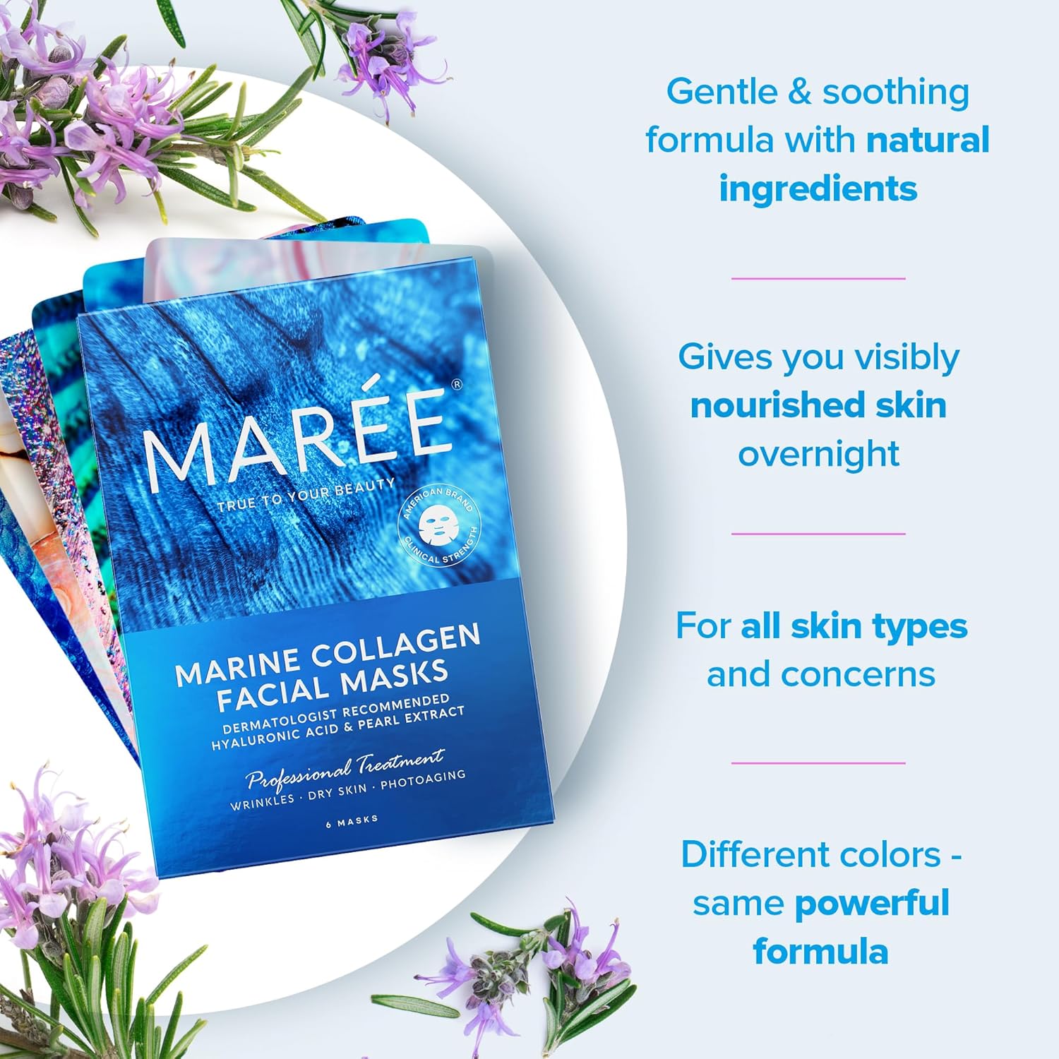 MAREE Facial Masks with Marine Collagen  Hyaluronic Acid - Sheet Moisturizing Masks for Face with Green  Red Algae Extract for All Skin Types - Hydrating Skin Care Mask with Pearl Extract - 6 Pack