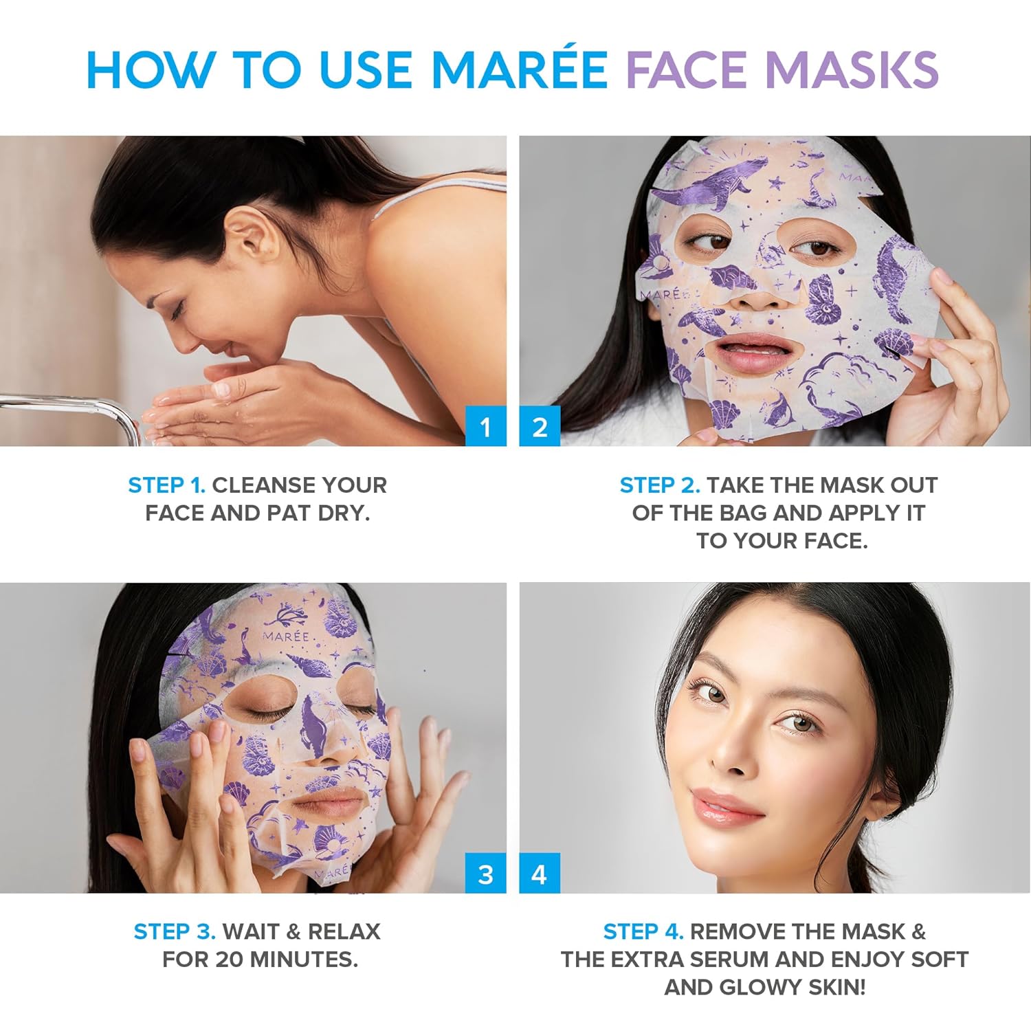 MAREE Facial Masks with Marine Collagen  Hyaluronic Acid - Sheet Moisturizing Masks for Face with Green  Red Algae Extract for All Skin Types - Hydrating Skin Care Mask with Pearl Extract - 6 Pack