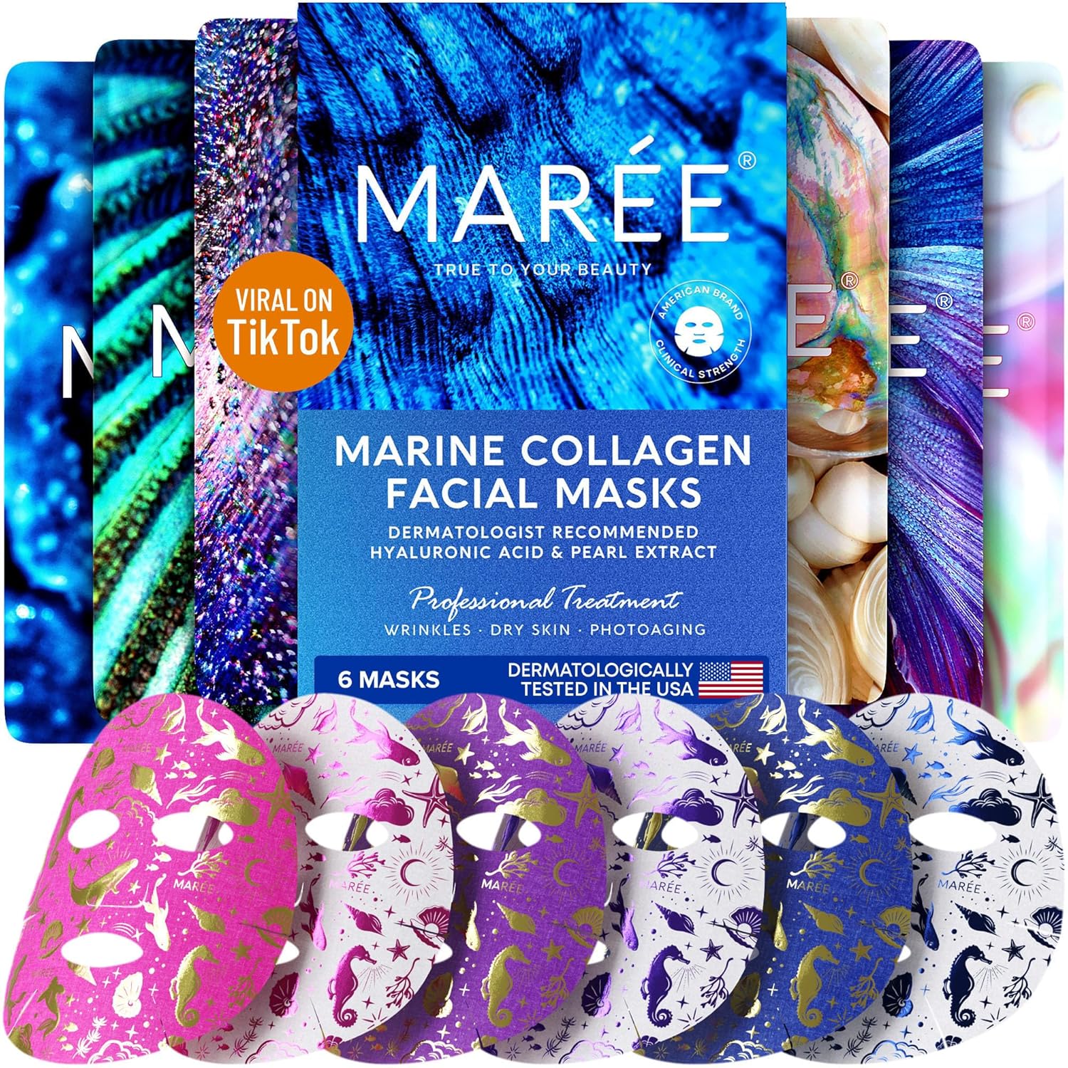 MAREE Facial Masks with Marine Collagen  Hyaluronic Acid - Sheet Moisturizing Masks for Face with Green  Red Algae Extract for All Skin Types - Hydrating Skin Care Mask with Pearl Extract - 6 Pack