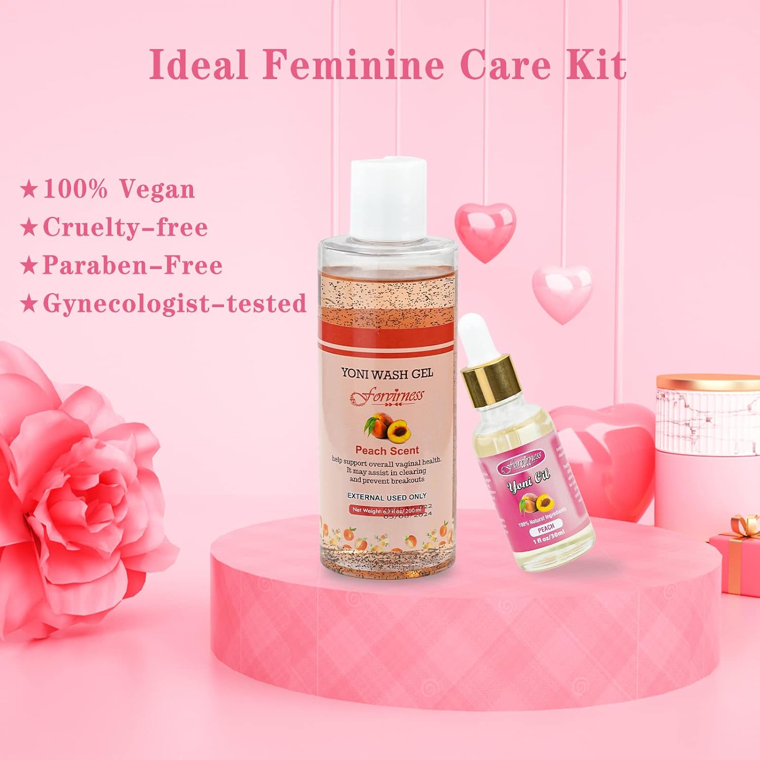 Natural Feminine Wash Yoni Oil Set, Vaginal Wash with Cleaning Factor, Yoni Wash for Women pH Balance,1 fl.oz Peach Feminine Oil  6.7 fl.oz Intimate Wash