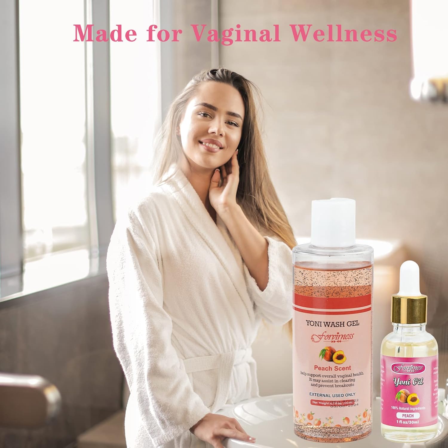 Natural Feminine Wash Yoni Oil Set, Vaginal Wash with Cleaning Factor, Yoni Wash for Women pH Balance,1 fl.oz Peach Feminine Oil  6.7 fl.oz Intimate Wash