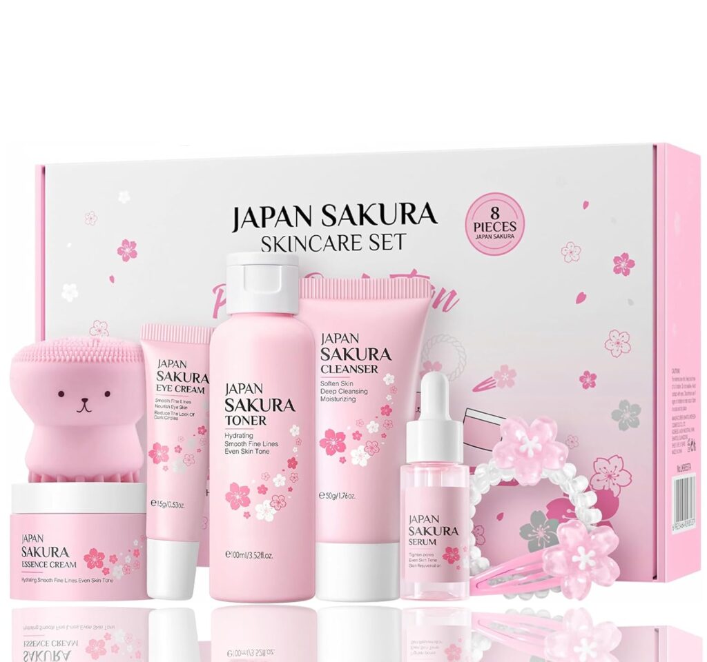 Skin Care Set for Women Girls, Cherry Blossoms Beauty Gift Sets for Intense Hydration, Face Skin Care Kit with Cleanser, Toner, Serum, Eye Cream, Face Cream - 8Pcs Skin Care Routine Kit