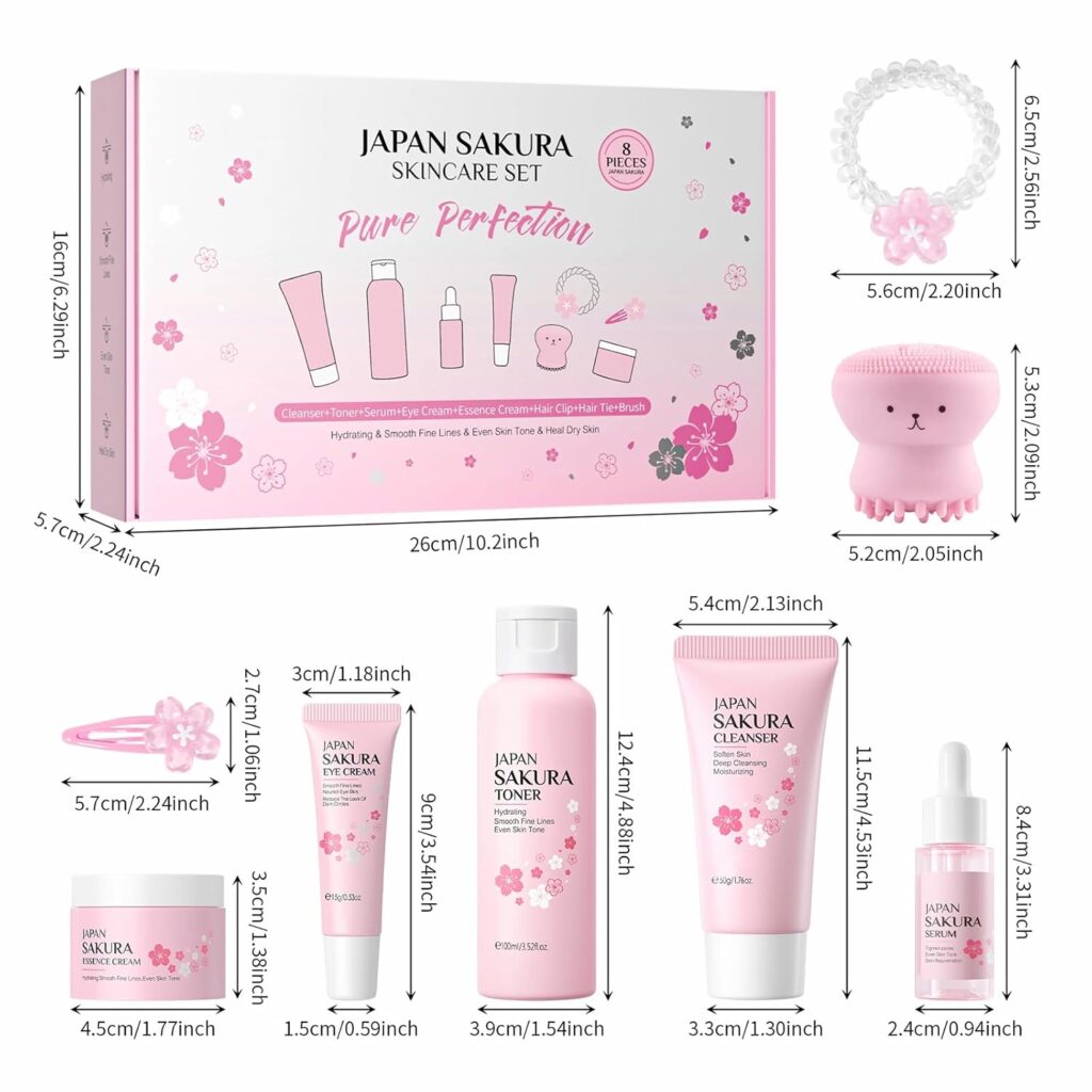 Skin Care Set for Women Girls, Cherry Blossoms Beauty Gift Sets for Intense Hydration, Face Skin Care Kit with Cleanser, Toner, Serum, Eye Cream, Face Cream - 8Pcs Skin Care Routine Kit