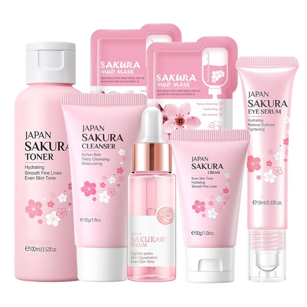 Skin Care Set Sakura Women Beauty Gift Sets Korean Skin Care Kit- Cleanser,Serum,Face Cream,Toner,Eye Cream,Mud Mask-Skin Care Routine Kit (One Size, Cherry Blossom-StyleA-Bae Moisturizing)