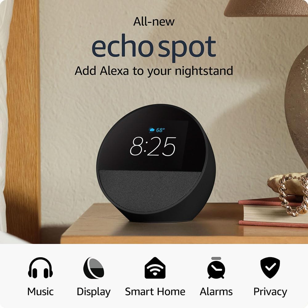 All-new Amazon Echo Spot (2024 release), Smart alarm clock with vibrant sound + Alexa, Black