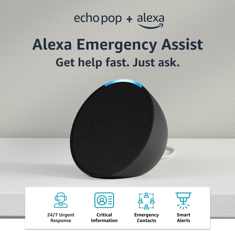 Amazon Echo Pop | Alexa fits in anywhere: bedroom, living room, bathroom, office, and small spaces | Charcoal