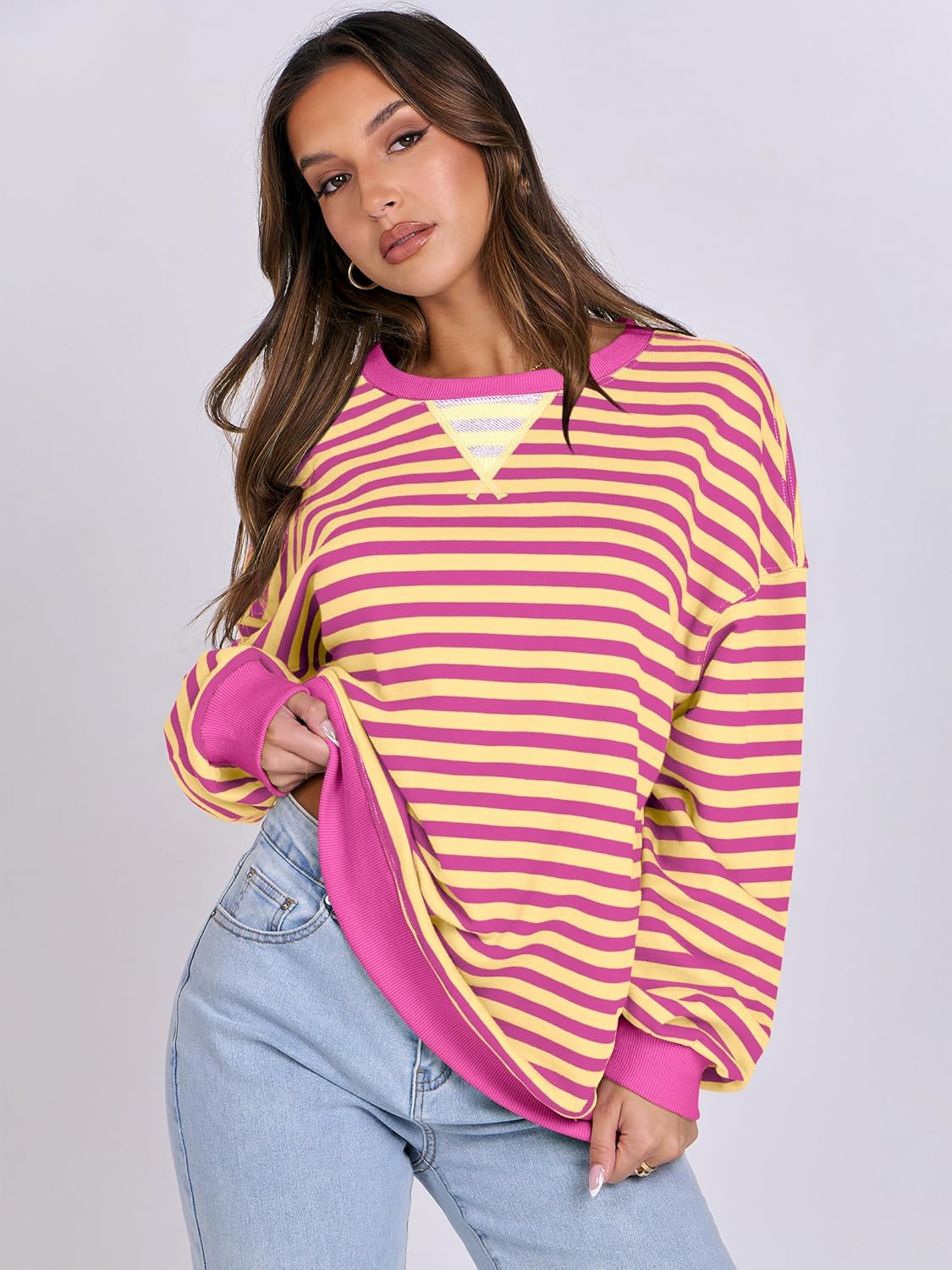 ANRABESS Women Striped Oversized Sweatshirt Long Sleeve Crewneck Hoodies Shirts 2024 Fall Pullover Top Trendy Preppy Clothes