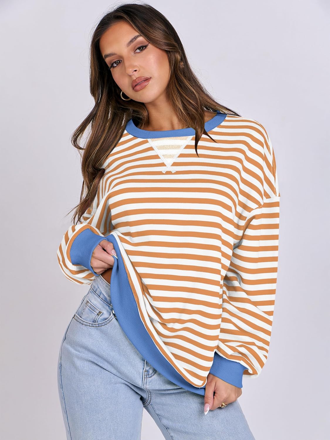 ANRABESS Women Striped Oversized Sweatshirt Long Sleeve Crewneck Hoodies Shirts 2024 Fall Pullover Top Trendy Preppy Clothes