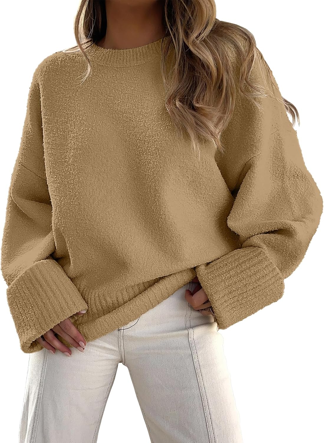 ANRABESS Womens Oversized Crewneck Long Sleeve Fuzzy Knit Casual Chunky Warm 2024 Fall Pullover Sweaters Top Trendy Outfits