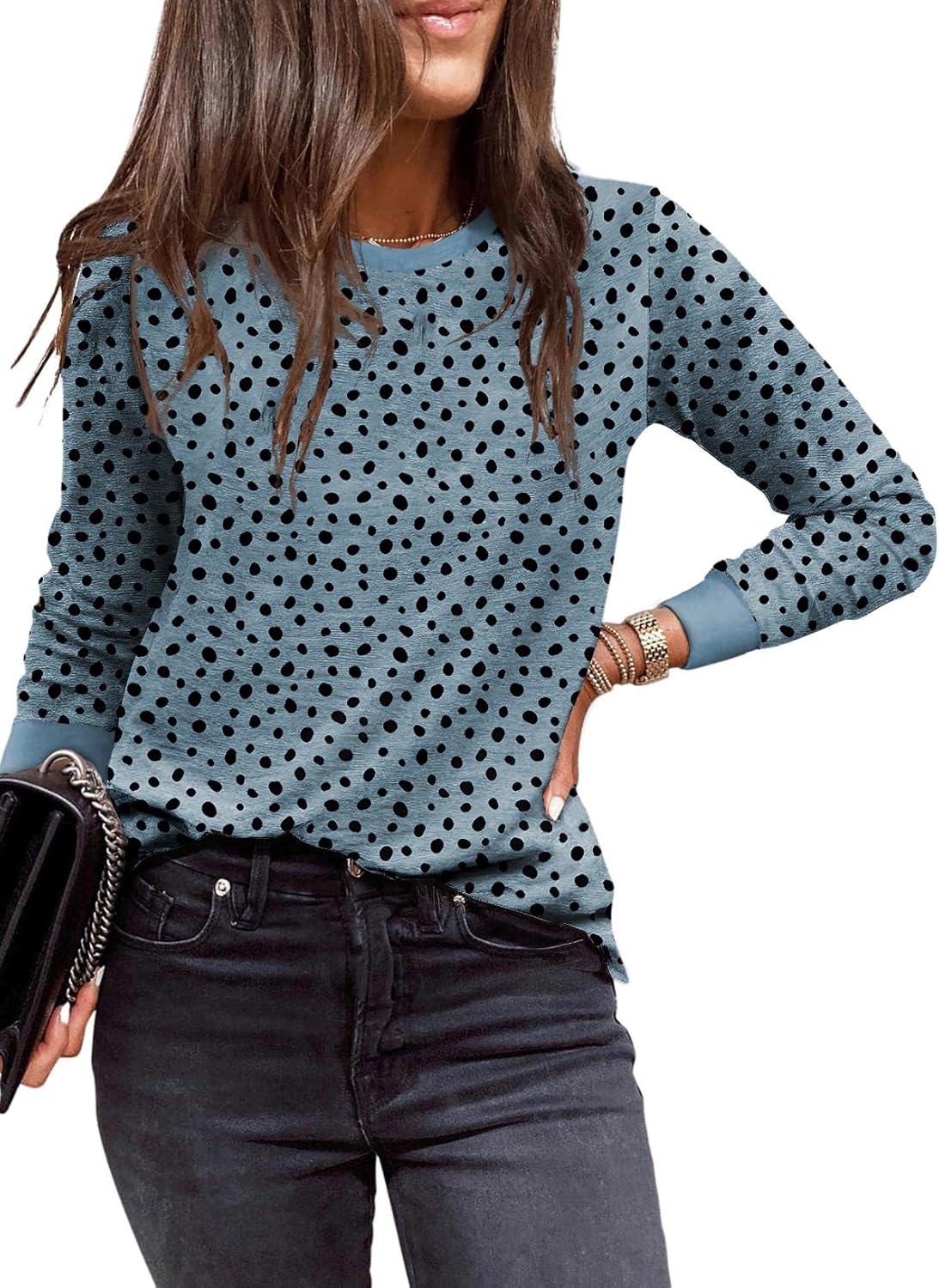 EVALESS Womens Casual Polka Dots Tops Crewneck Long Sleeve Shirts Fall 2024 Lightweight Loose Sweatshirts