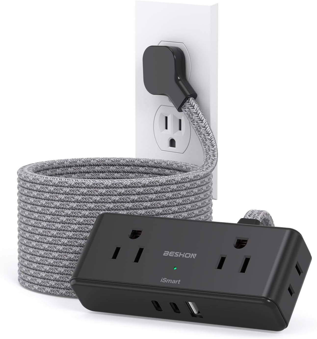 Flat Extension Cord 6 feet, Flat Plug Power Strip, 4 Widely Outlets with 3 USB Ports (2 USB C), 3 Side Outlet Extender with Extension Cord with Multiple Outlets for Home, Office, Dorm Room Essentials