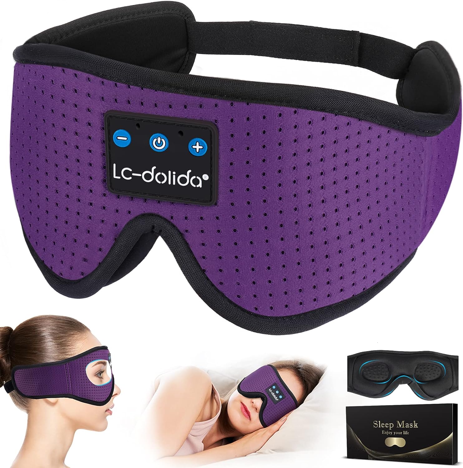 LC-dolida Sleep Headphones, 3D Sleep Mask Bluetooth Wireless Music Eye Mask, Sleeping Headphones for Side Sleepers Sleep Mask with Bluetooth Headphones Ultra-Thin Stereo Speakers Perfect for Sleeping