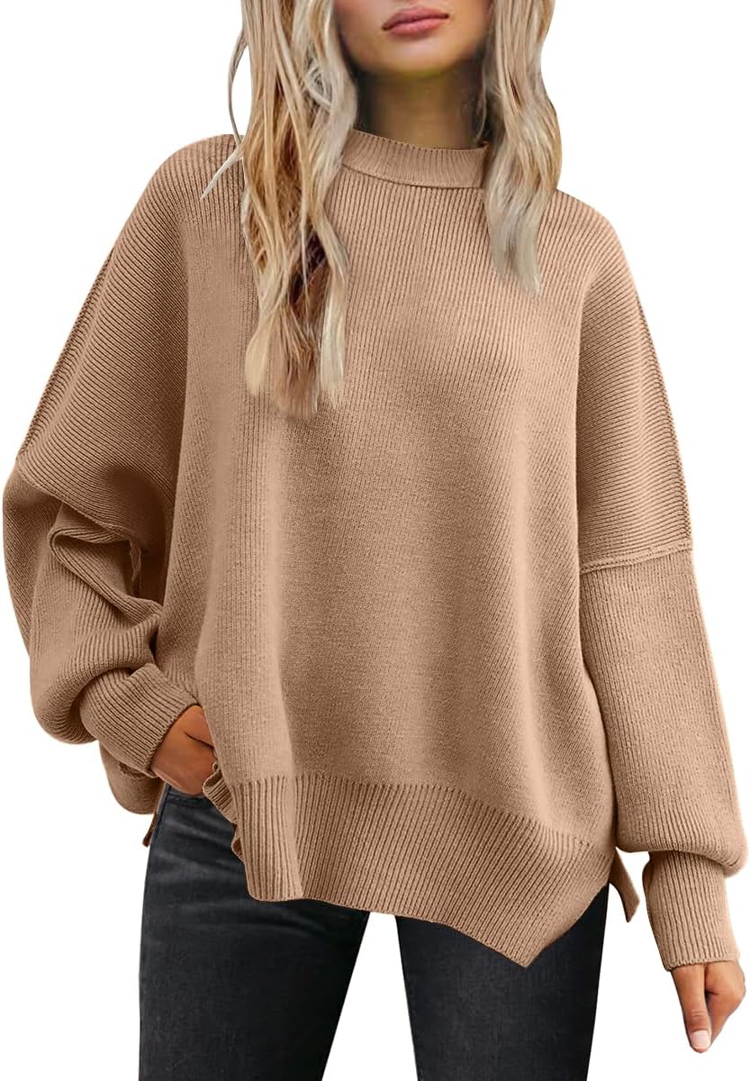 LILLUSORY Womens Oversized Batwing Sweaters 2024 Fall Outfits Crewneck Ribbed Knit Side Slit Trendy Pullover Tops