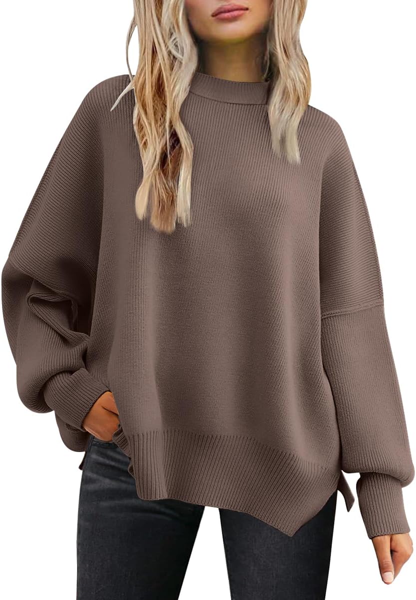 LILLUSORY Womens Oversized Batwing Sweaters 2024 Fall Outfits Crewneck Ribbed Knit Side Slit Trendy Pullover Tops