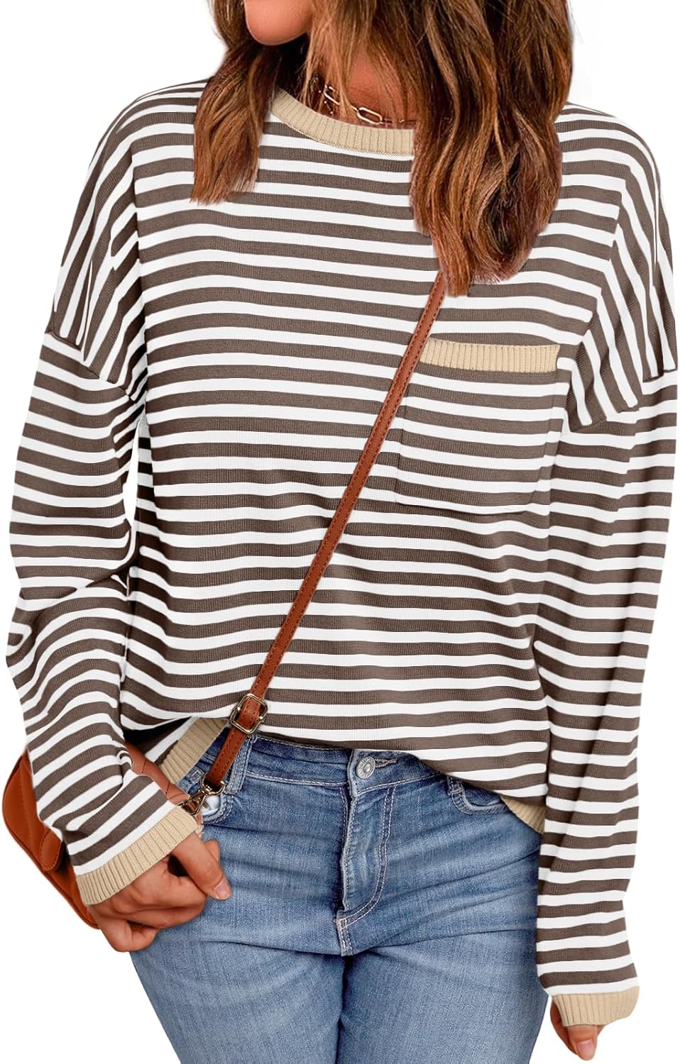 LILLUSORY Womens Oversized Striped Soft Knit Pullover Sweater Shirts with Chest Pocket