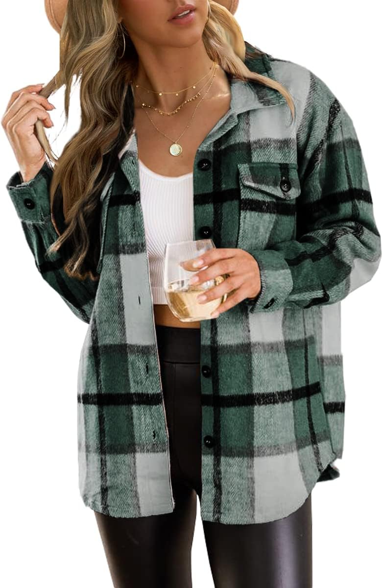 Trendy Queen Womens Flannel Shacket Jacket Casual Plaid Button Down Long Sleeve Shirt Fall Clothes Outfits