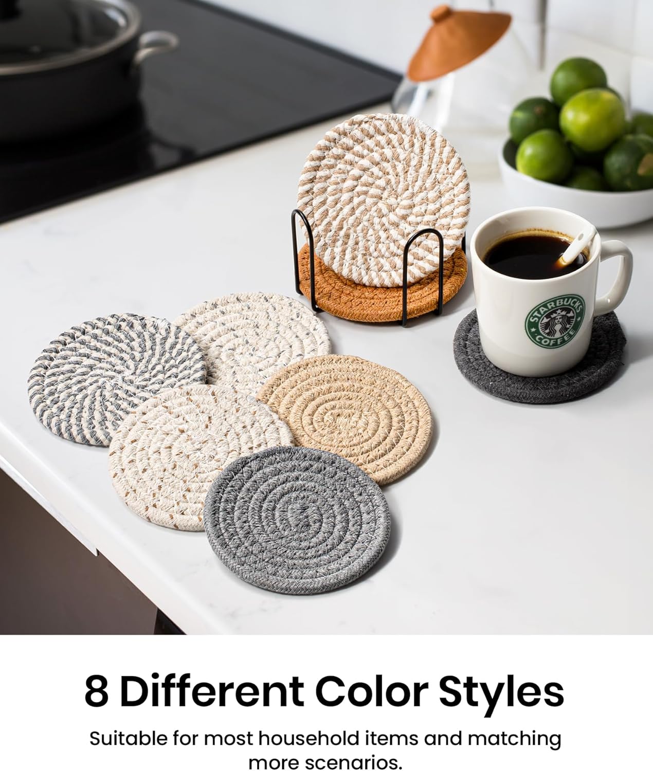 8 Pcs Drink Coasters with Holder, 8 Colors Absorbent Coasters for Drinks Minimalist Cup Coasters Cotton Coaster Set Woven Coasters for Coffee Table Home Decor Bar Housewarming Gift, 4.3 Inch