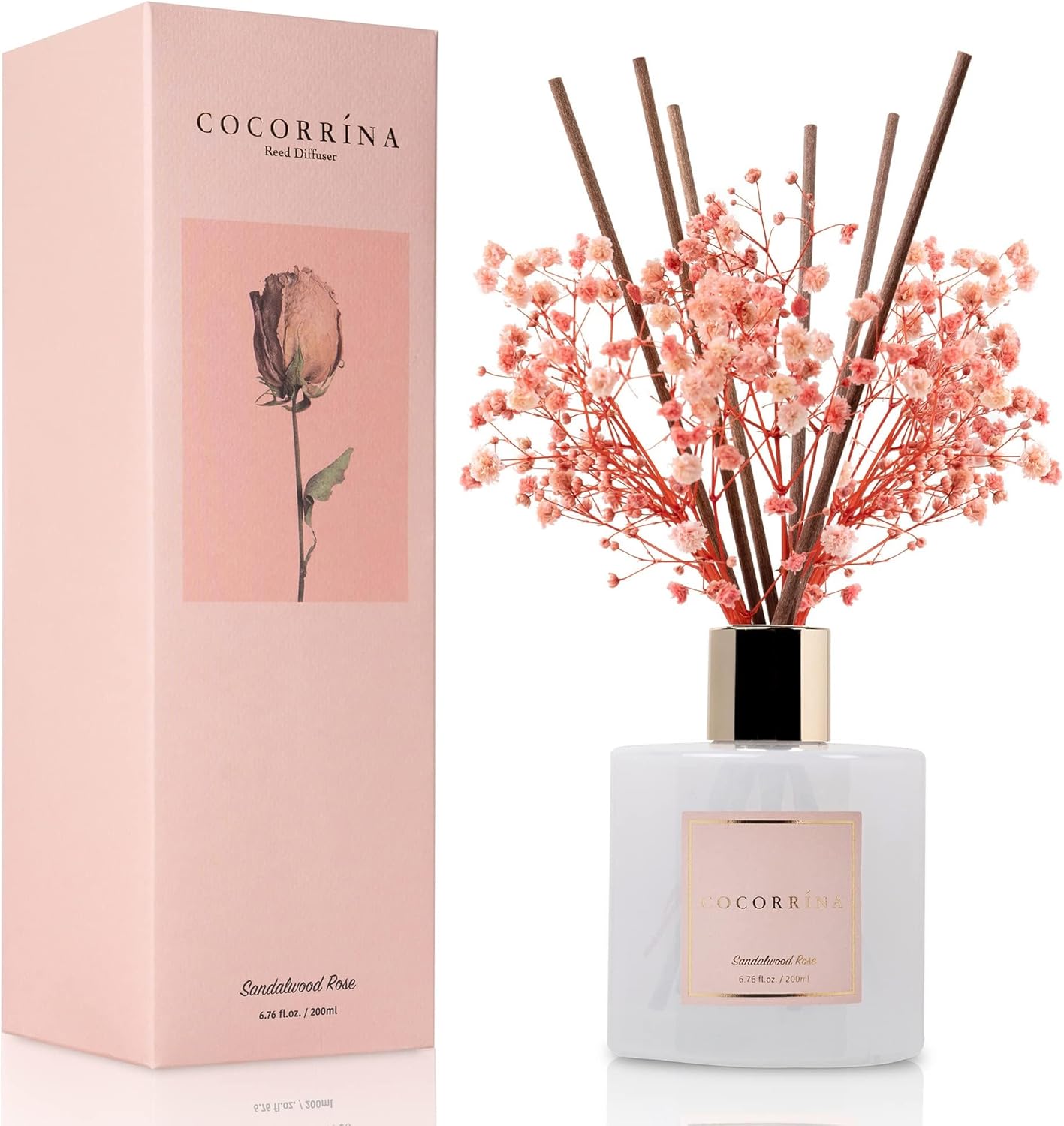 Cocorrína Premium Reed Diffuser Set with Preserved Babys Breath  Cotton Stick Sandalwood Rose | 6.7oz Scent Fragrance Oil Diffuser for Bedroom Bathroom Home Décor