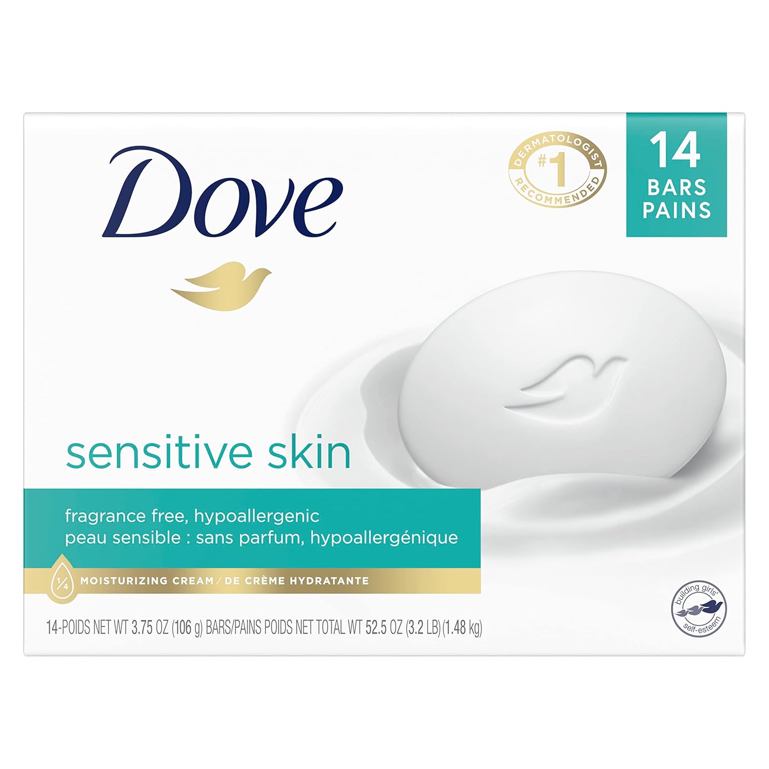 Dove Beauty Bar More Moisturizing Than Bar Soap for Softer Skin, Fragrance-Free, Hypoallergenic Beauty Bar Sensitive Skin With Gentle Cleanser 3.75 oz 14 Bars