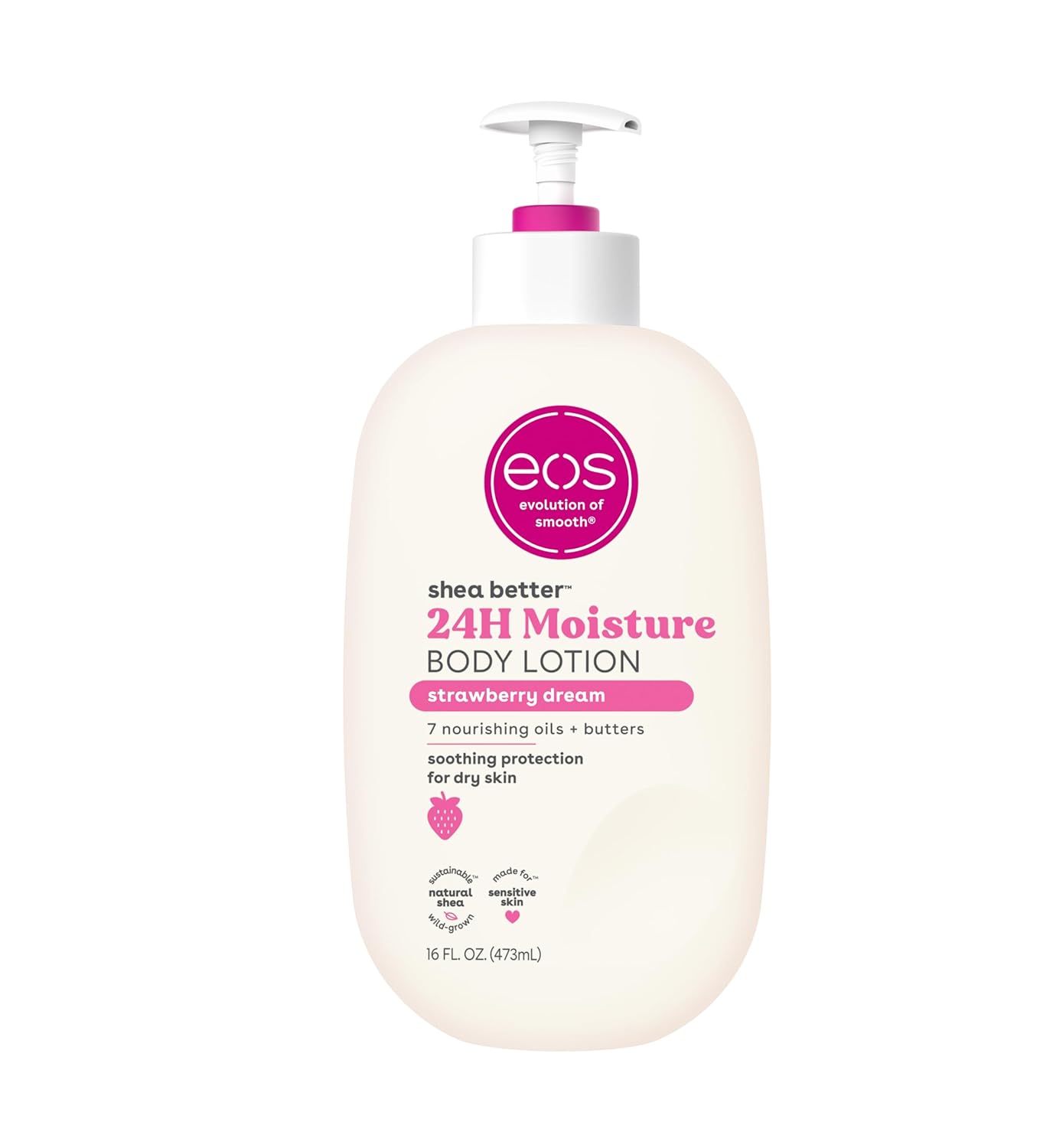 eos Shea Better Body Lotion- Strawberry Dream, 24-Hour Moisture Skin Care, Lightweight  Non-Greasy, Made with Natural Shea, Vegan, 16 fl oz