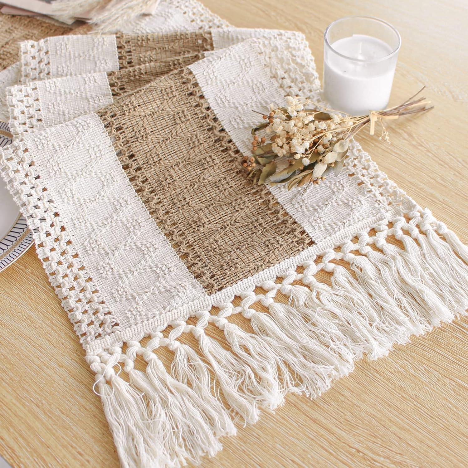 FEXIA Boho Table Runner for Thanksgiving Christmas Home Decor with Tassels 72 Inches Long Farmhouse Rustic Table Runner Macrame Burlap Table Decoration for Living Room Bridal Shower(12x72 Inches)