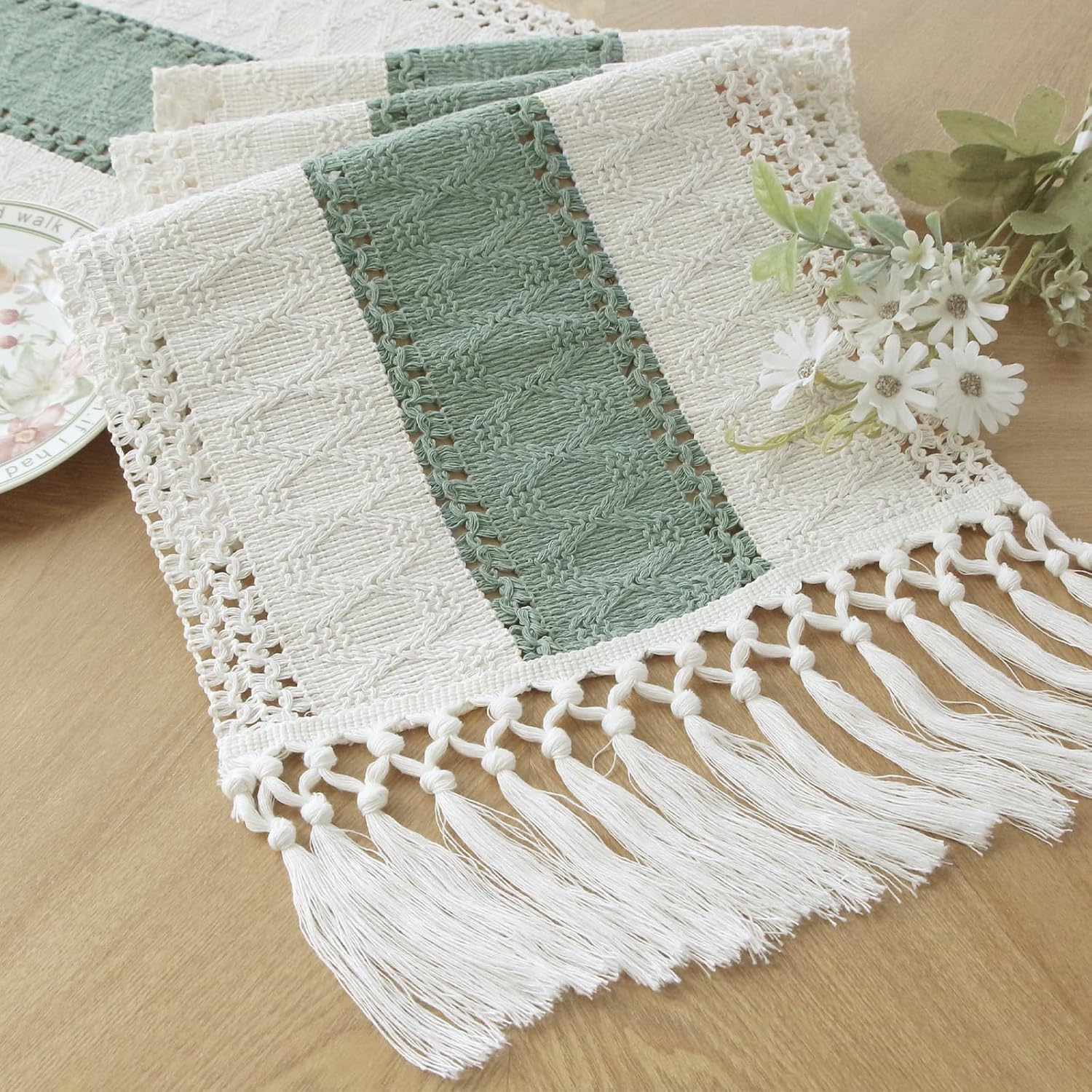 FEXIA Boho Table Runner for Thanksgiving Christmas Home Decor with Tassels 72 Inches Long Farmhouse Rustic Table Runner Macrame Burlap Table Decoration for Living Room Bridal Shower(12x72 Inches)