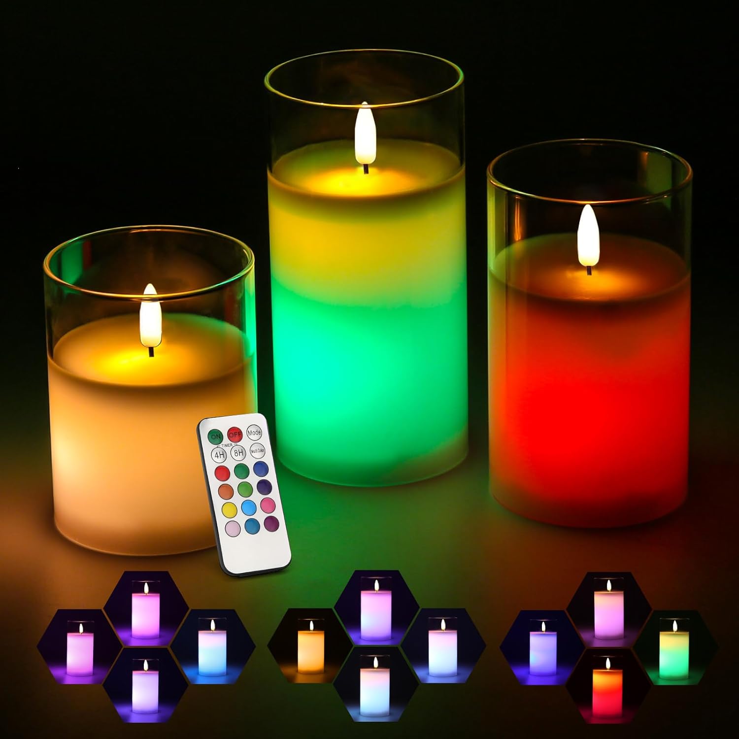 Glass Battery Operated LED Flameless Candles with Remote and Timer, Real Wax Candles Warm Color Flickering Light for Festival Wedding Home Party Decor(Pack of 3)-Gold