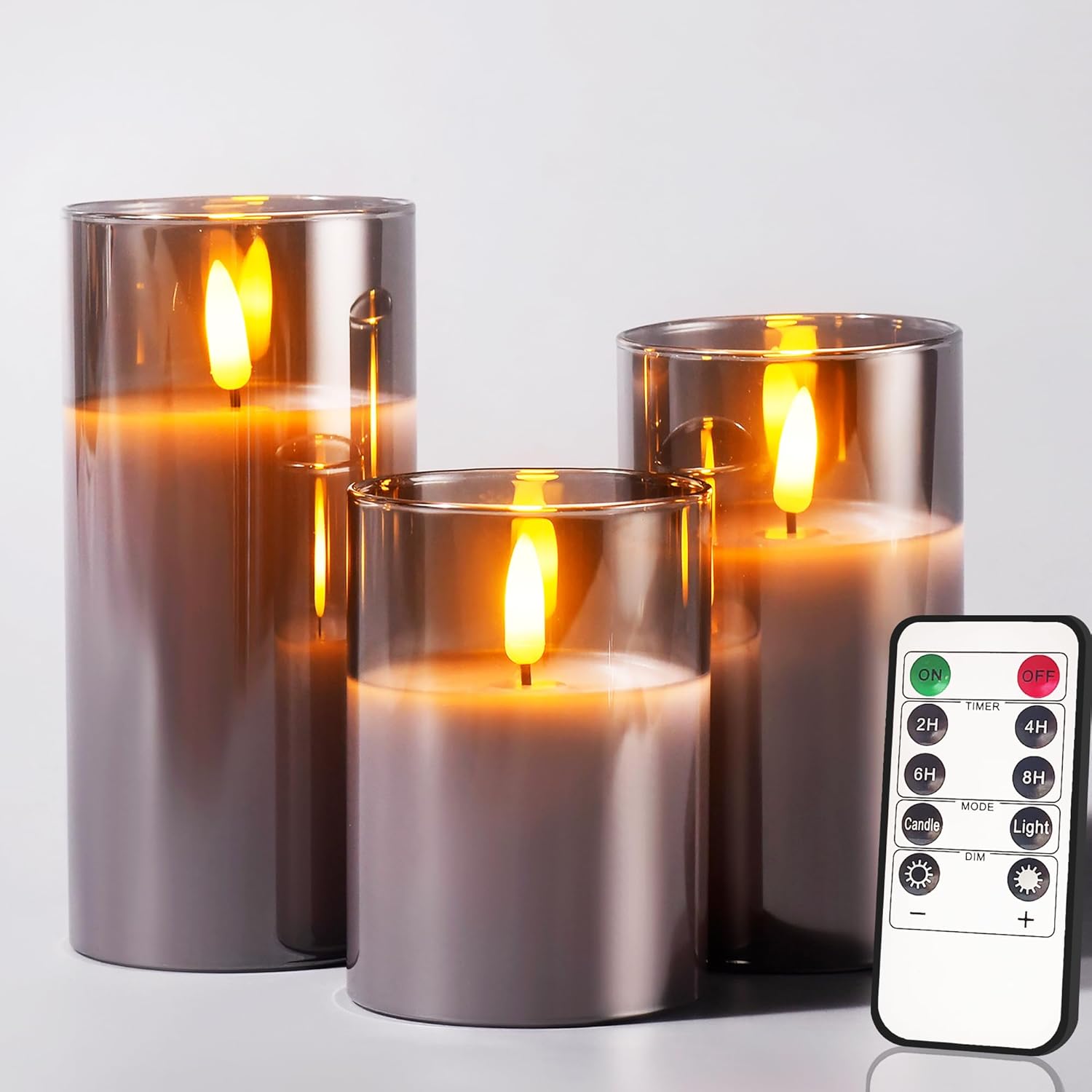 Glass Battery Operated LED Flameless Candles with Remote and Timer, Real Wax Candles Warm Color Flickering Light for Festival Wedding Home Party Decor(Pack of 3)-Gold