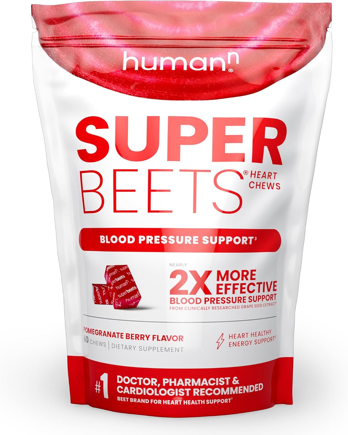 humanN SuperBeets Heart Chews, Nitric Oxide and Blood Pressure Support, Grape Seed Extract  Non-GMO Beet Root Powder Energy Chews, Super Beets Heart Chews, Pomegranate Berry Flavor, 60 Count