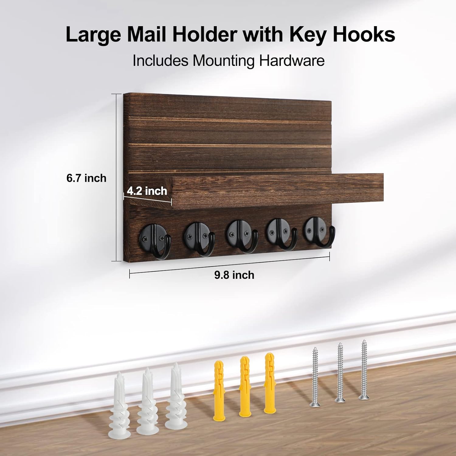 Key Holder for Wall, Decorative Key and Mail Holder with Shelf Has Large Hooks for Bags, Coats, Umbrella – Paulownia Wood Key Hanger with Mounting Hardware (9.8”W x 6.7”H x 4.2”D)