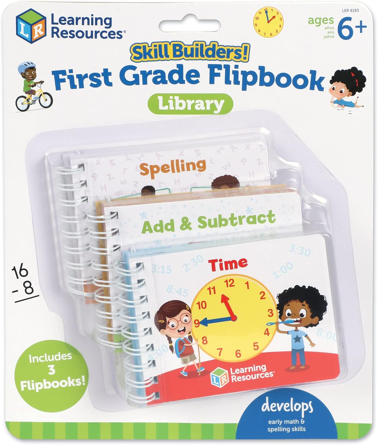 Learning Resources Skill Builders! First Grade Flipbook Library - 3 Pieces, Ages 6+, First Grade Learning Activities, Math and Spelling Activities for Kids, Montessori Activities