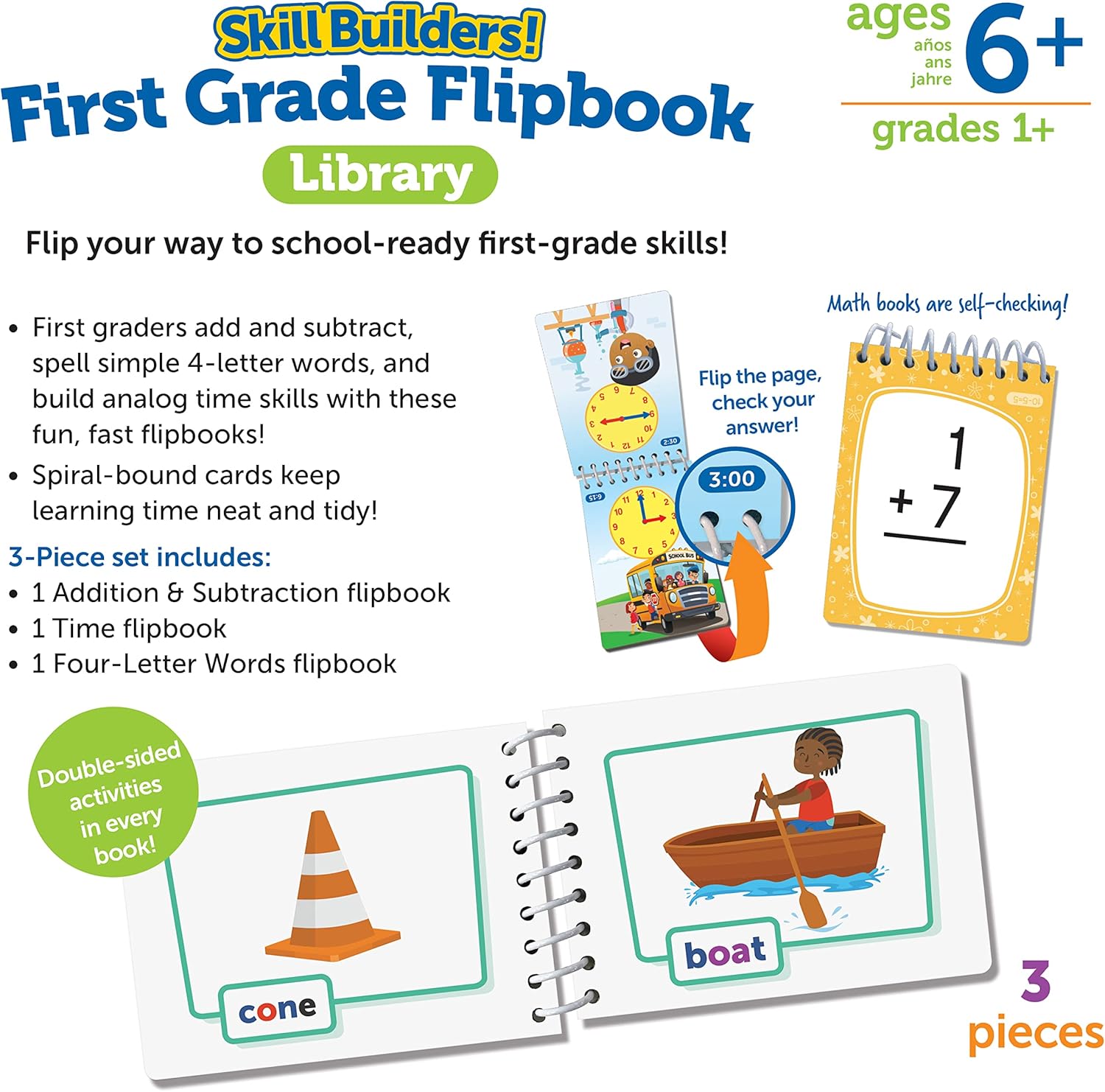 Learning Resources Skill Builders! First Grade Flipbook Library - 3 Pieces, Ages 6+, First Grade Learning Activities, Math and Spelling Activities for Kids, Montessori Activities