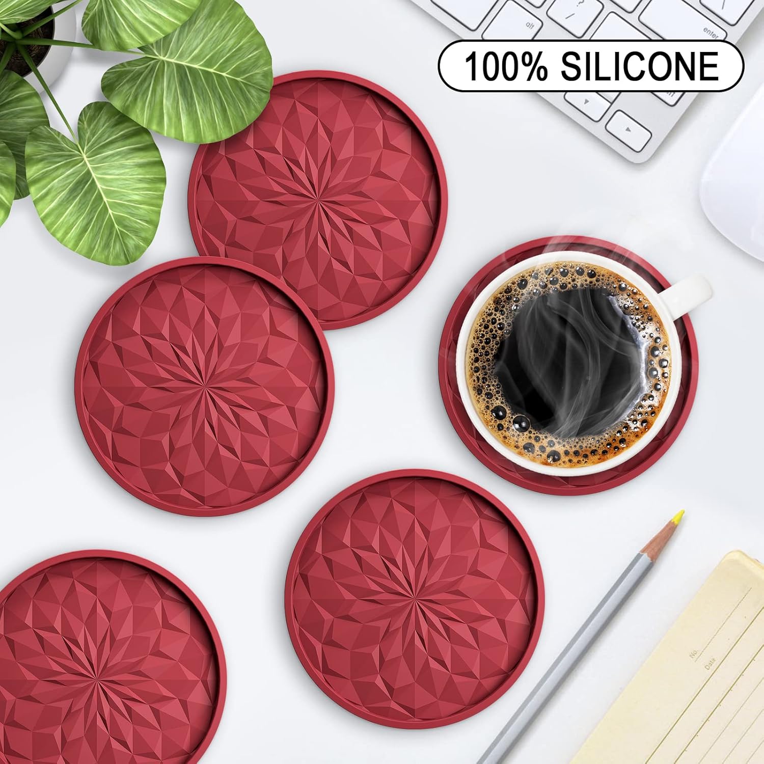 ME.FAN Silicone Coasters [6 Pack] Coasters with Holder - Drinking Coasters - Cup Mat for Drinks - Live for Hot or Cold Drink Thickened, Non-Slip, Non-Stick, Deep Tray Black