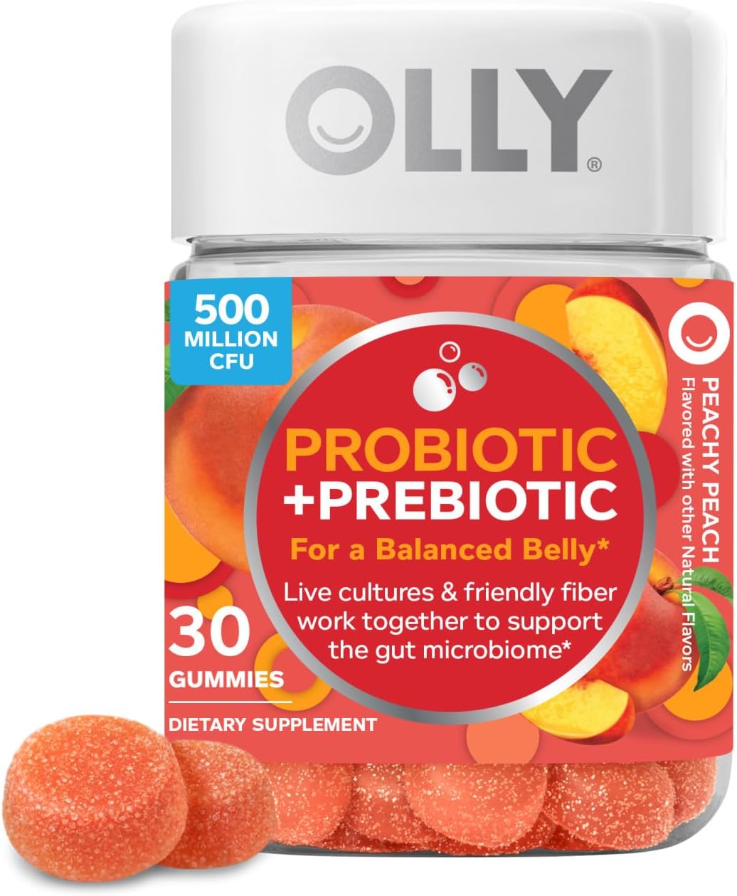 OLLY Probiotic + Prebiotic Gummy, Digestive Support and Gut Health, 500 Million CFUs, Fiber, Adult Chewable Supplement for Men and Women, Peach, 30 Day Supply - 30 Count