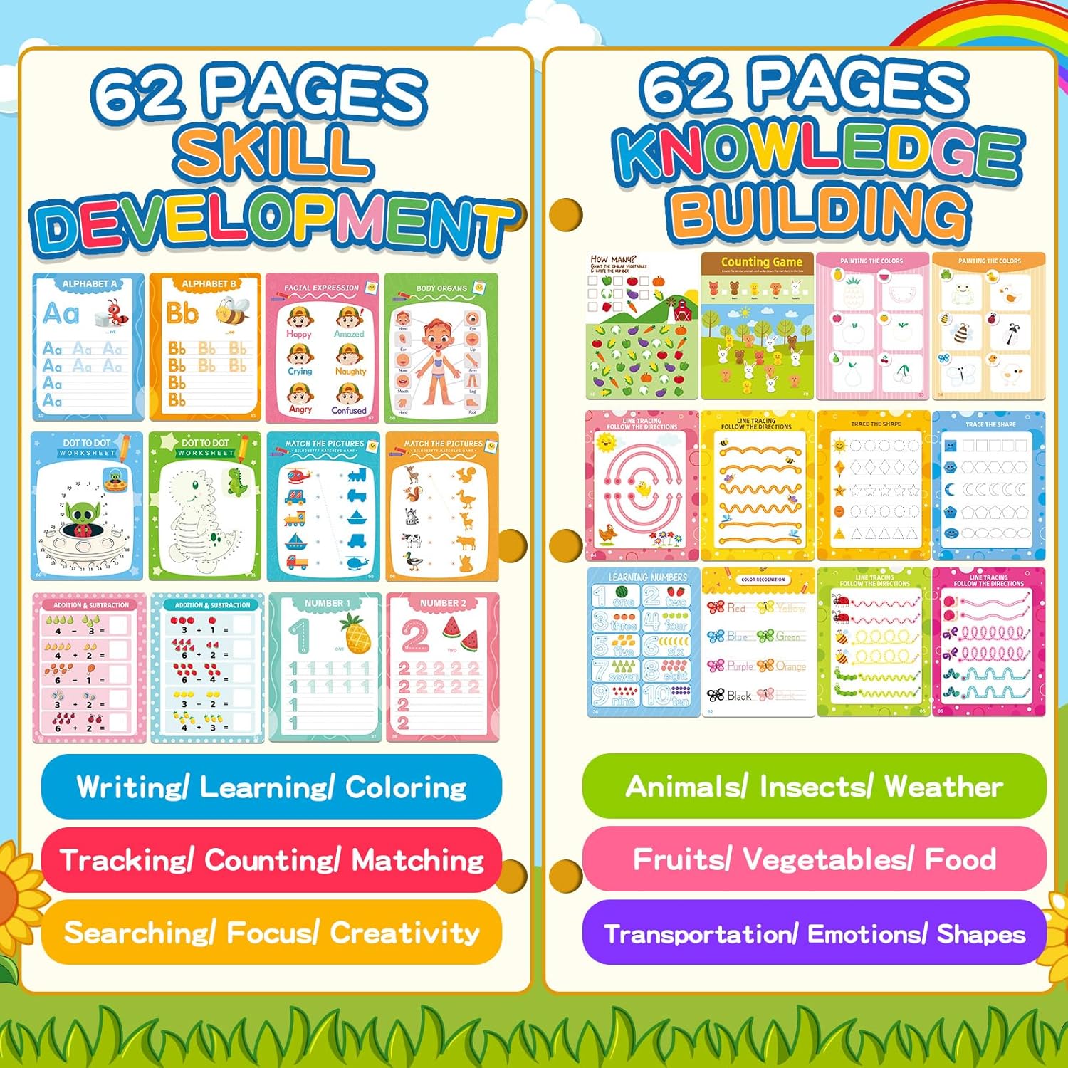 Preschool Learning Activities, 62 Pages Educational Workbook for Kids, Handwriting Practice, Montessori Toys, Autism Materials, Alphabet Learning, Kindergarten Game with Toys for Toddlers Kids 3-8