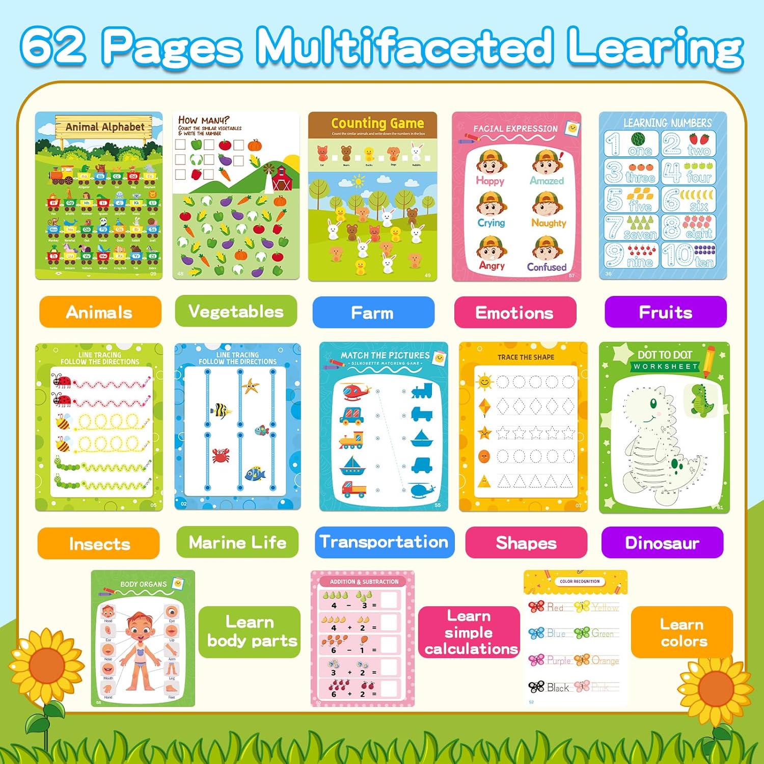 Preschool Learning Activities, 62 Pages Educational Workbook for Kids, Handwriting Practice, Montessori Toys, Autism Materials, Alphabet Learning, Kindergarten Game with Toys for Toddlers Kids 3-8