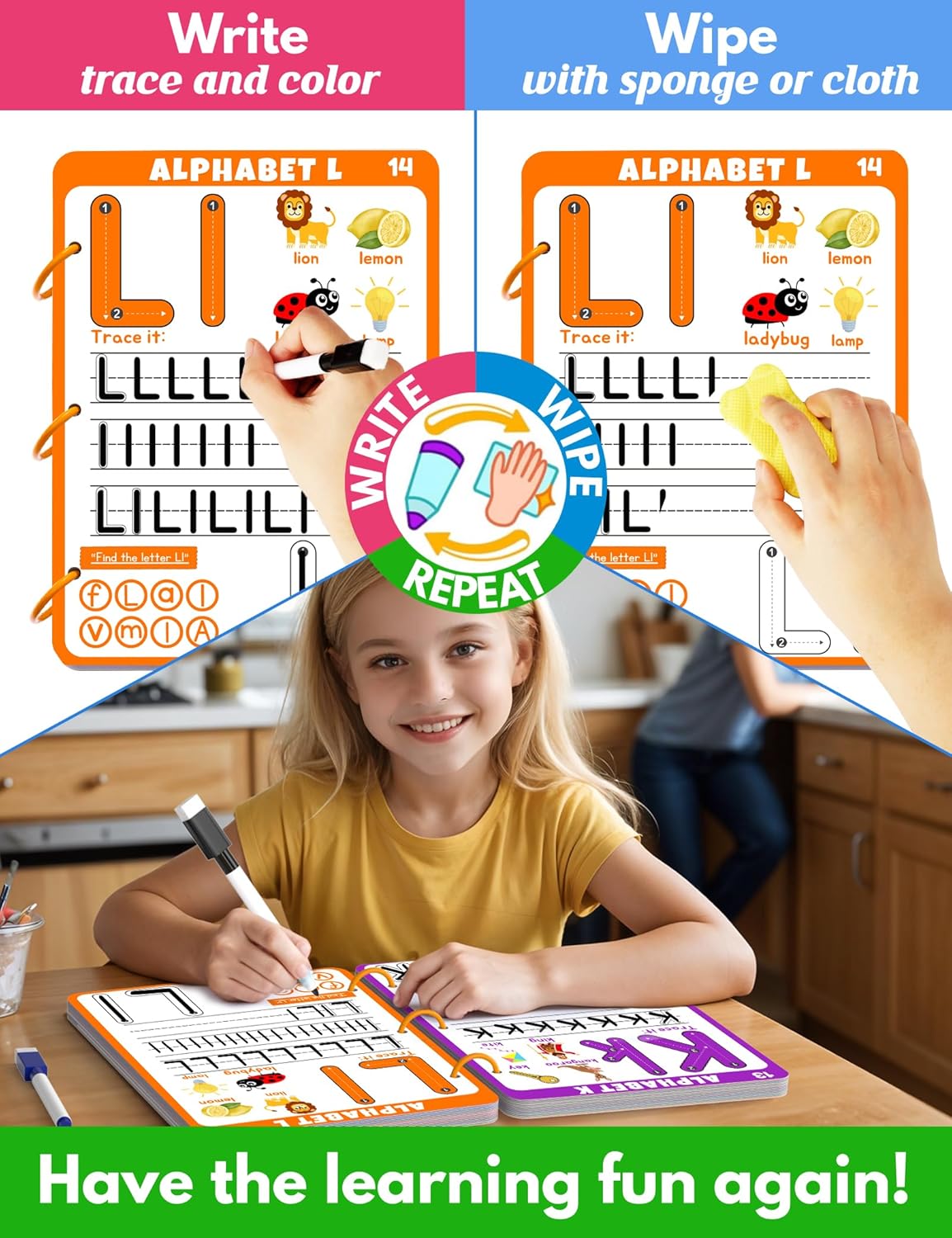 Preschool Learning Activities Educational Workbook, 62 Reusable Pages Pre Kindergarten Workbooks, Number Letter Tracing Books for Kids, Autism Learning Materials, ABC Busy Book for Kids Ages 3-7