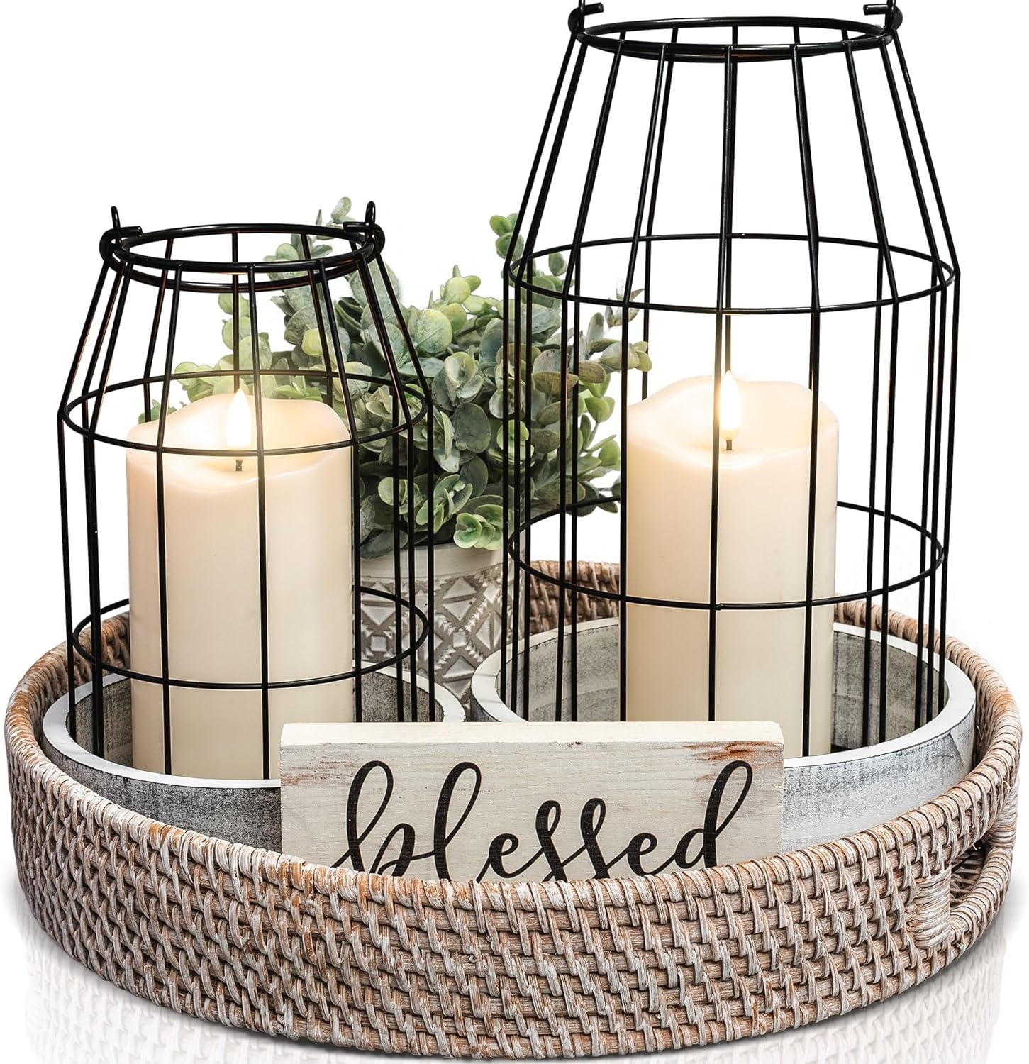 Rustic Farmhouse Lantern Decor Set of 2 - Stylish Decorative Lanterns for Your Living Room, Fireplace Mantle or Kitchen Dining Table - Modern Upscale Beauty for Your Entire Home