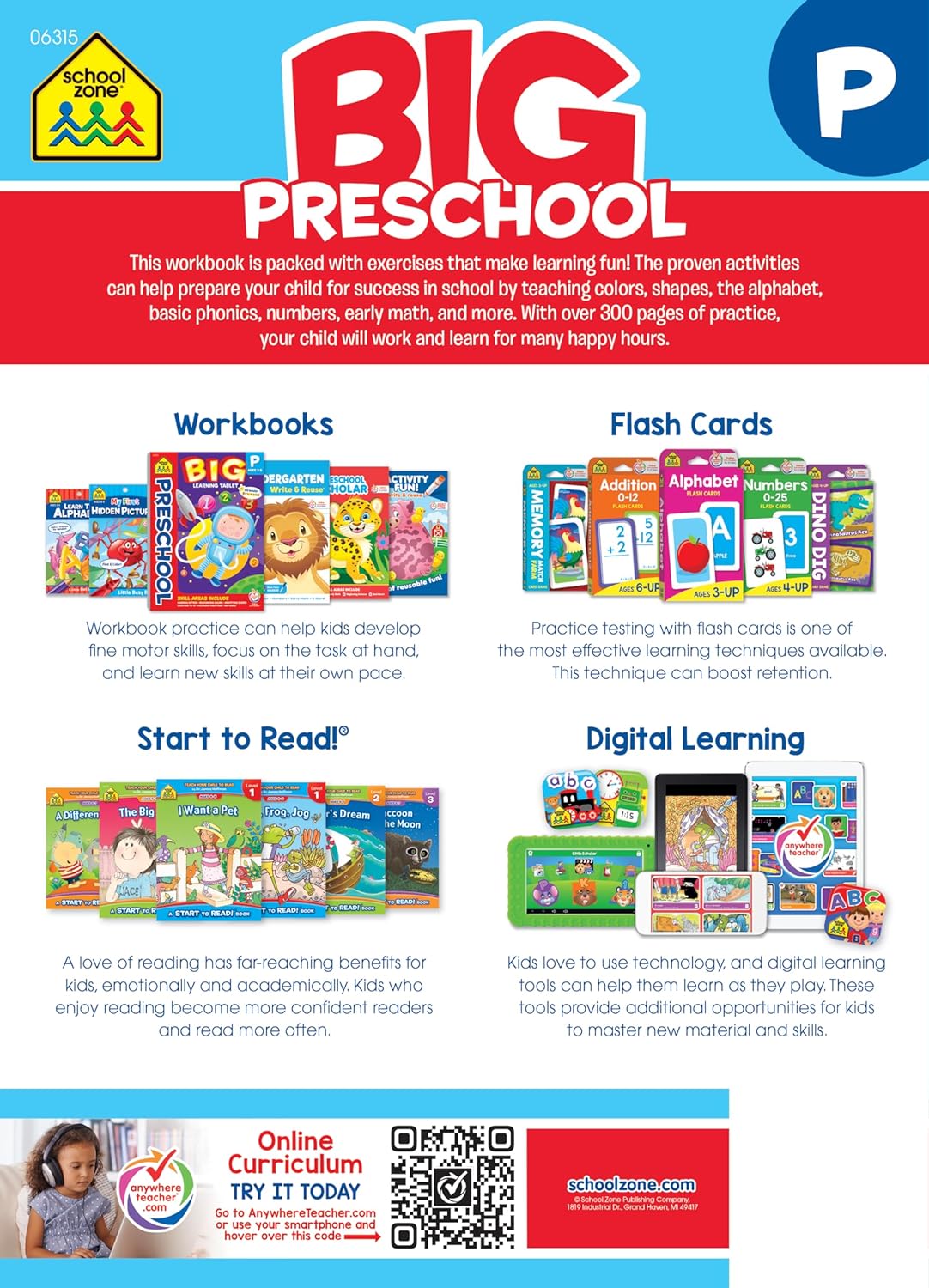 School Zone Big Preschool Workbook: Kids Learning Skills Ages 3 to 5, Handwriting, ABCs, Phonics, Early Math  Numbers, Colors  Shapes, Follow Directions, and More, 320 Pages      Paperback – Illustrated, June 20, 2019