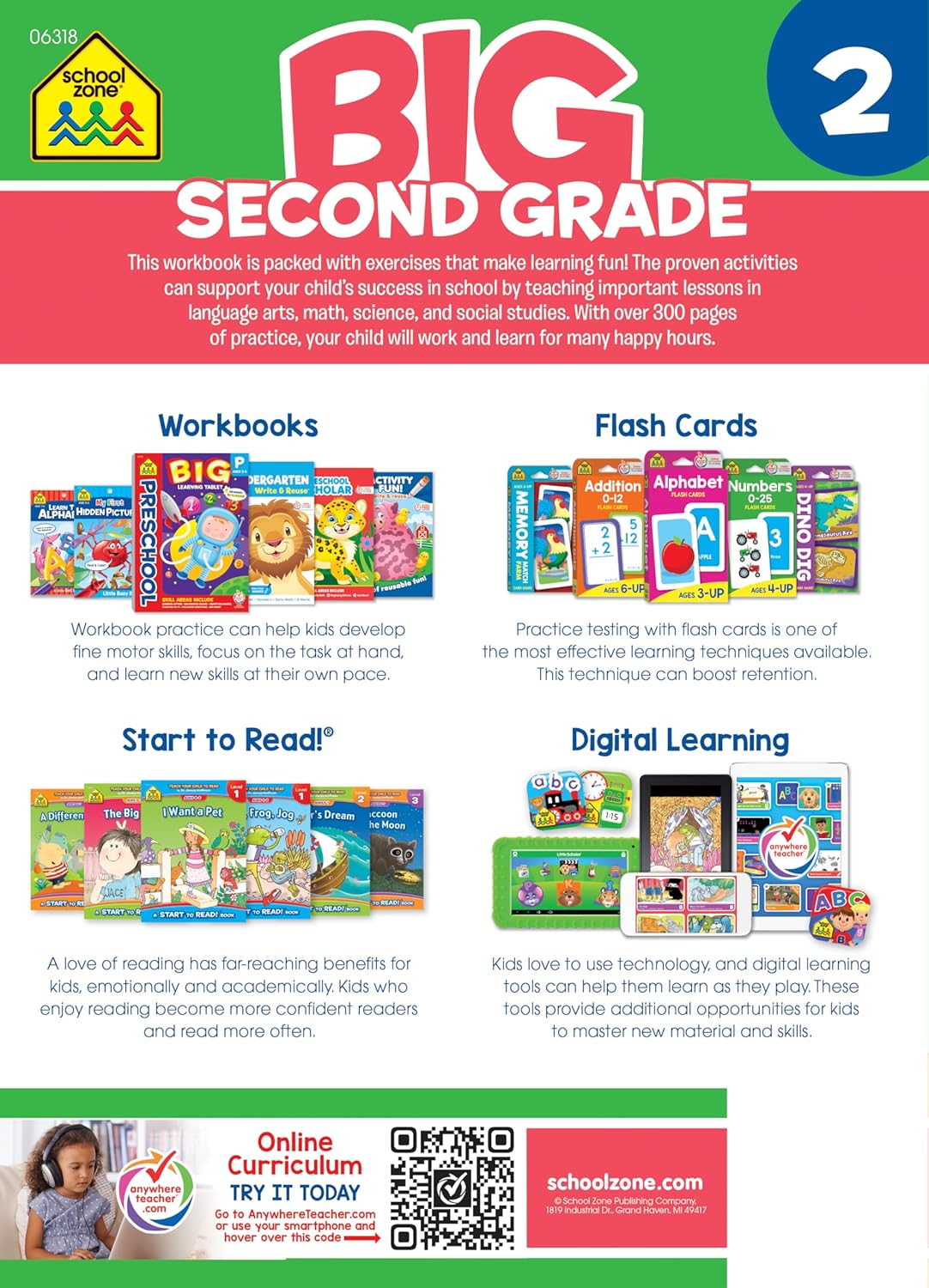 School Zone - Big Second Grade Workbook - 320 Pages, Ages 7 to 8, 2nd Grade, Word Problems, Reading Comprehension, Phonics, Math, Science, and More (School Zone Big Workbook Series)      Paperback – April 10, 2019